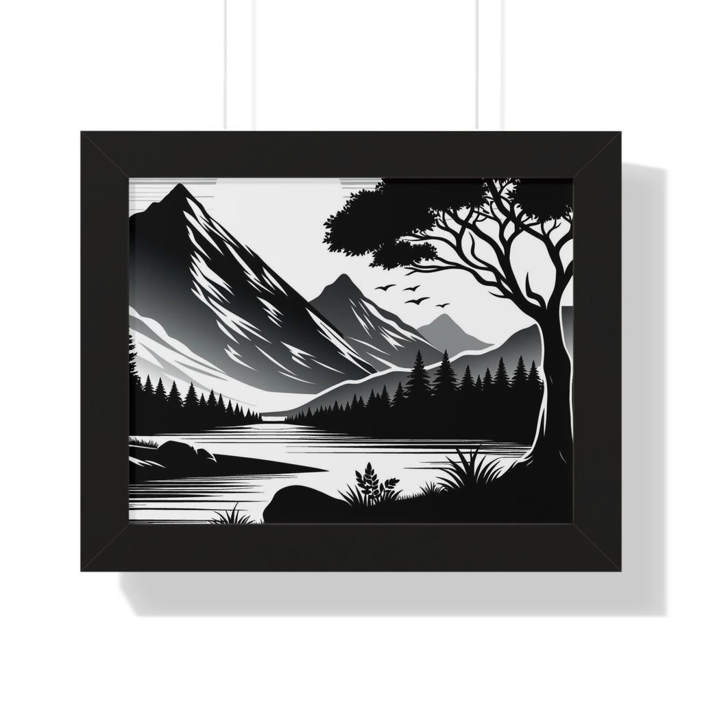 Framed Mountain Landscape Poster – Black & White Lake Wall Art