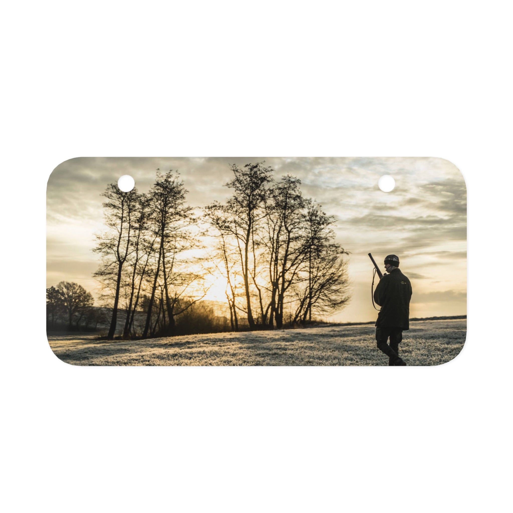 Mini License Plate - Hunting Sunrise Scene Metal Keychain/Tag