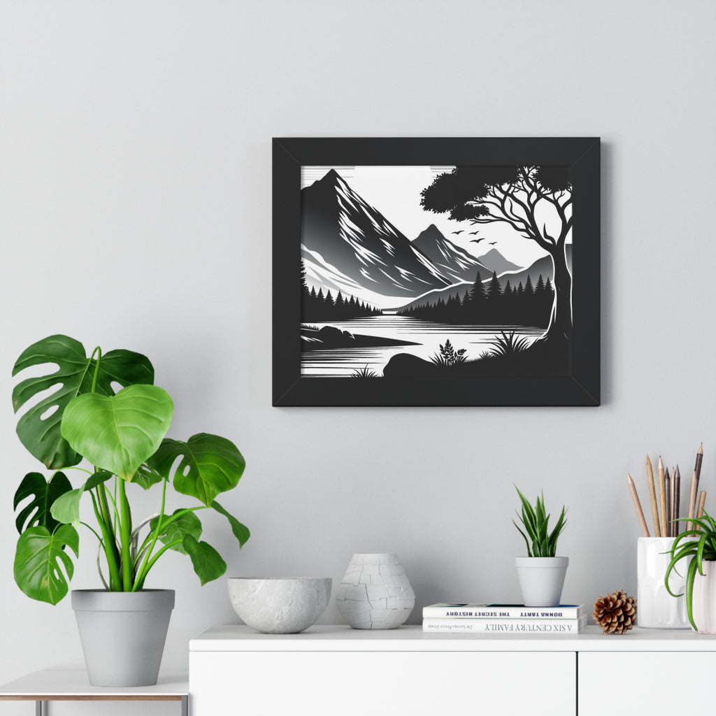 Framed Mountain Landscape Poster – Black & White Lake Wall Art