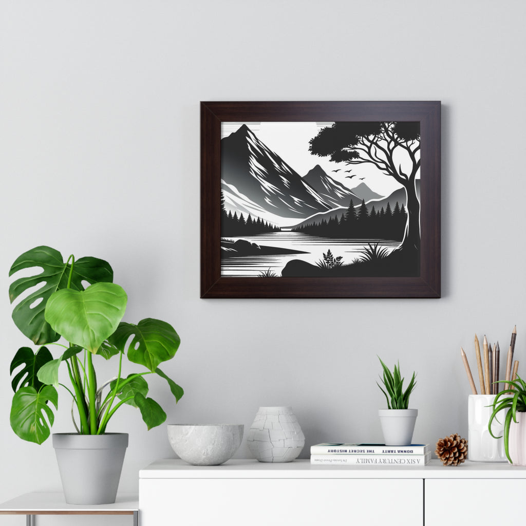 Framed Mountain Landscape Poster – Black & White Lake Wall Art