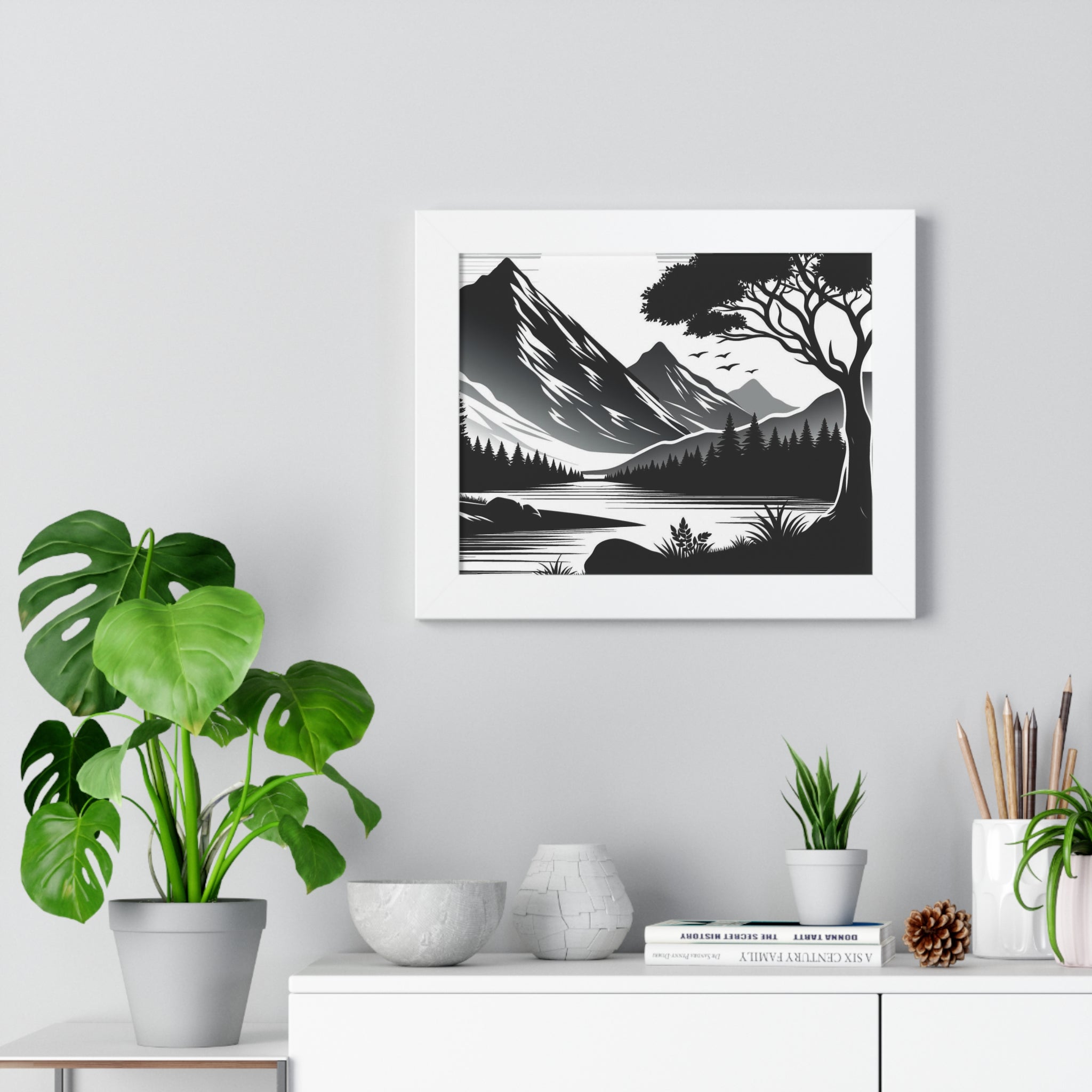 Framed Mountain Landscape Poster – Black & White Lake Wall Art