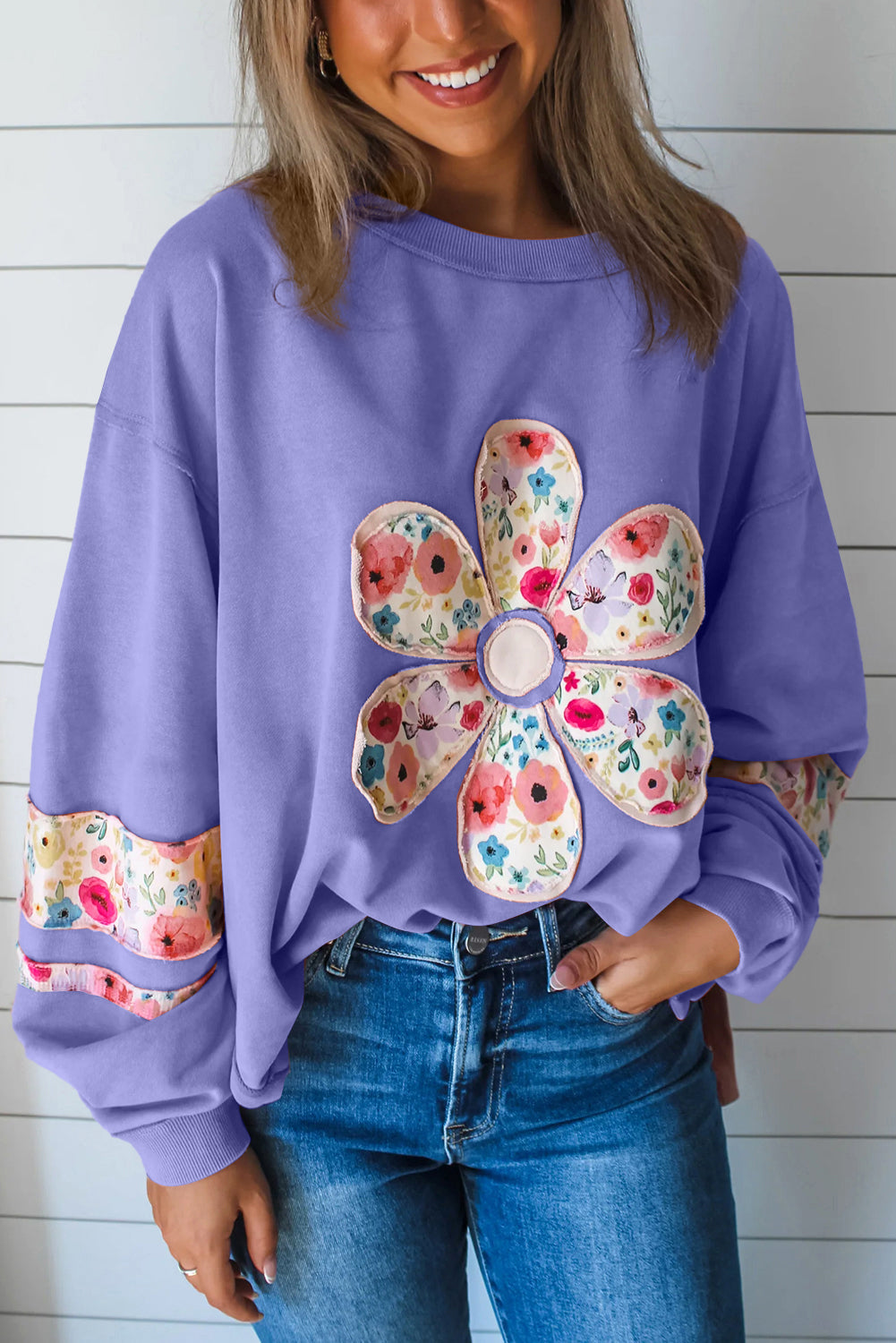 Flower Applique Patchwork Drop Sleeve Pullover Sweatshirt