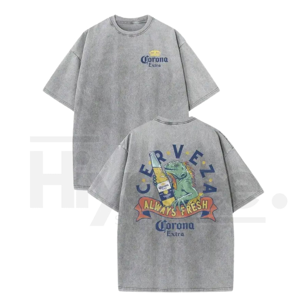 Lizard Beer Graphic Vintage Washed T-Shirt – 230G Heavy Cotton Double-Sided Streetwear Tee