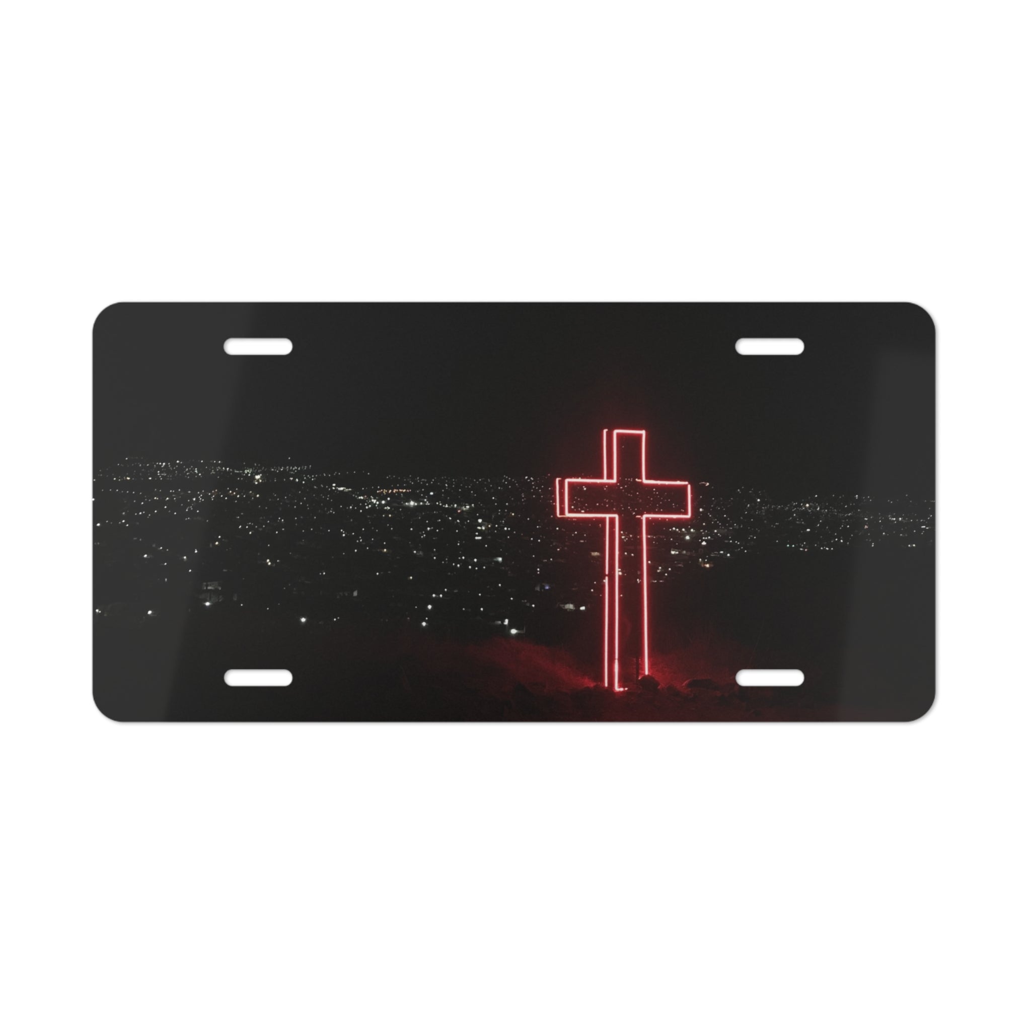 Neon Cross Vanity Plate - Religious Car License Plate, Nightlight City Skyline Design