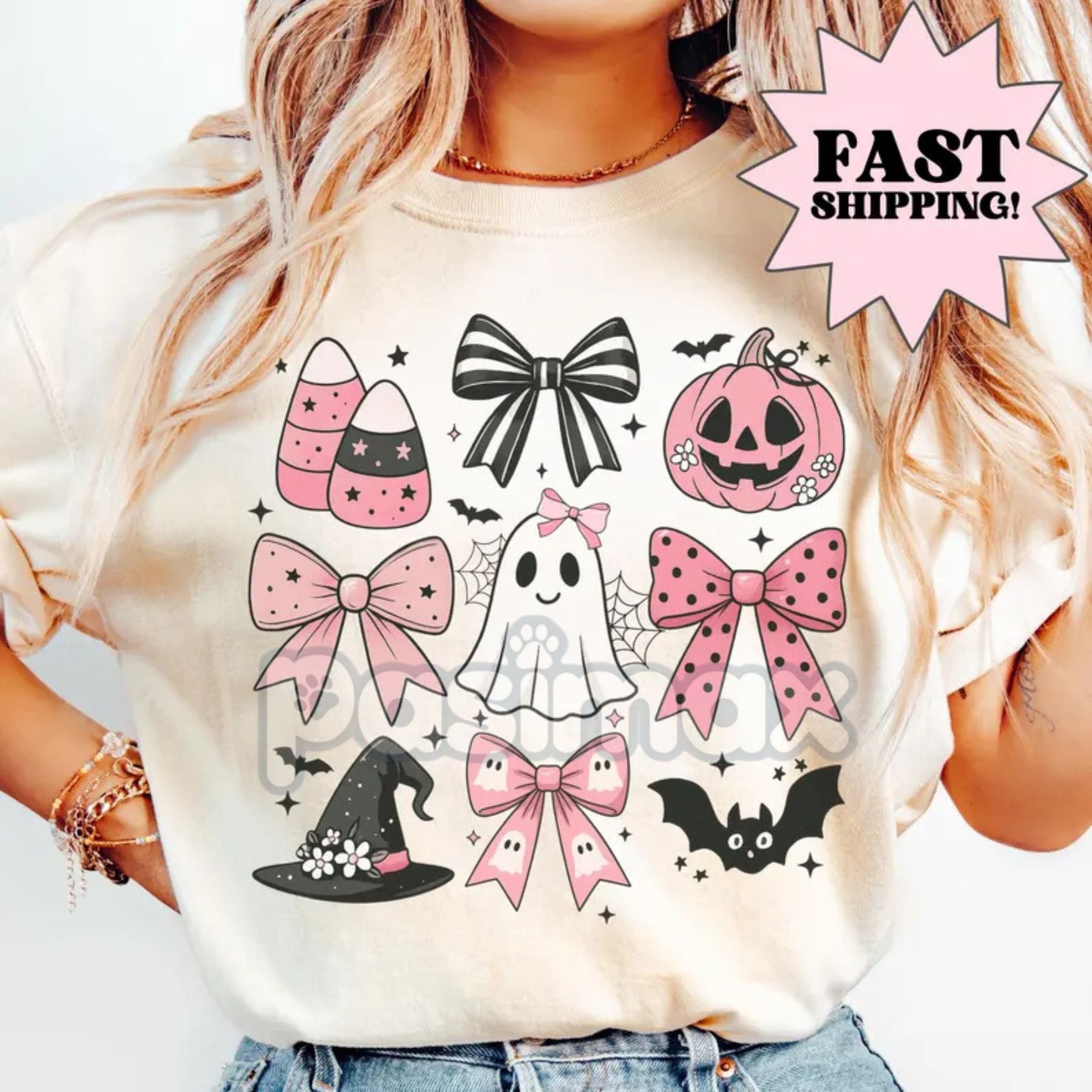 Comfort Colors® Pink Girly Bows Halloween Tee – Cute Ghost Shirt, Coquette Spooky Fall Shirt, Vintage Halloween Gift