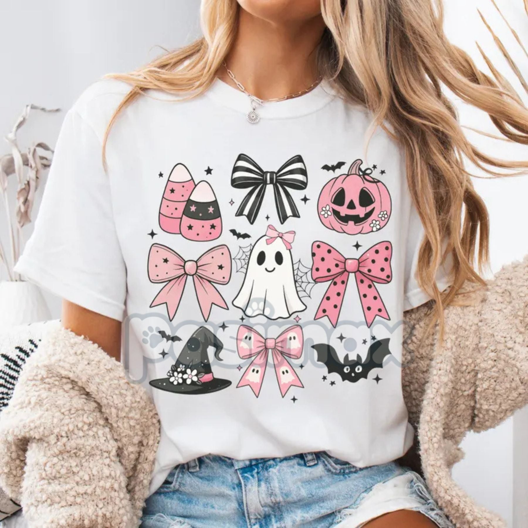 Comfort Colors® Pink Girly Bows Halloween Tee – Cute Ghost Shirt, Coquette Spooky Fall Shirt, Vintage Halloween Gift