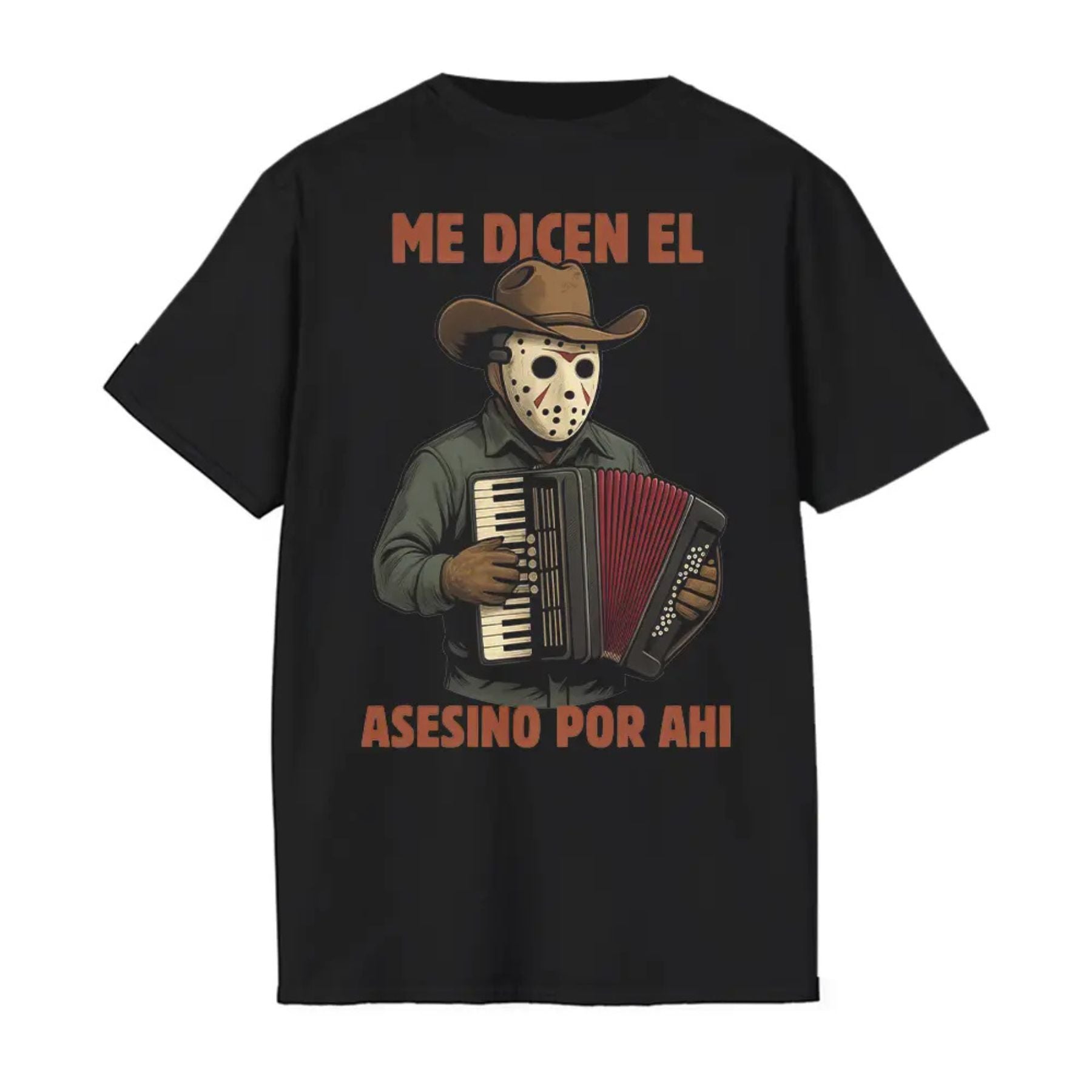 "Me Dicen El Asesino Por Ahi" T-Shirt - Funny Horror Movie Villains Accordion Tee, Jason, Freddy, Ghostface, Michael Myers