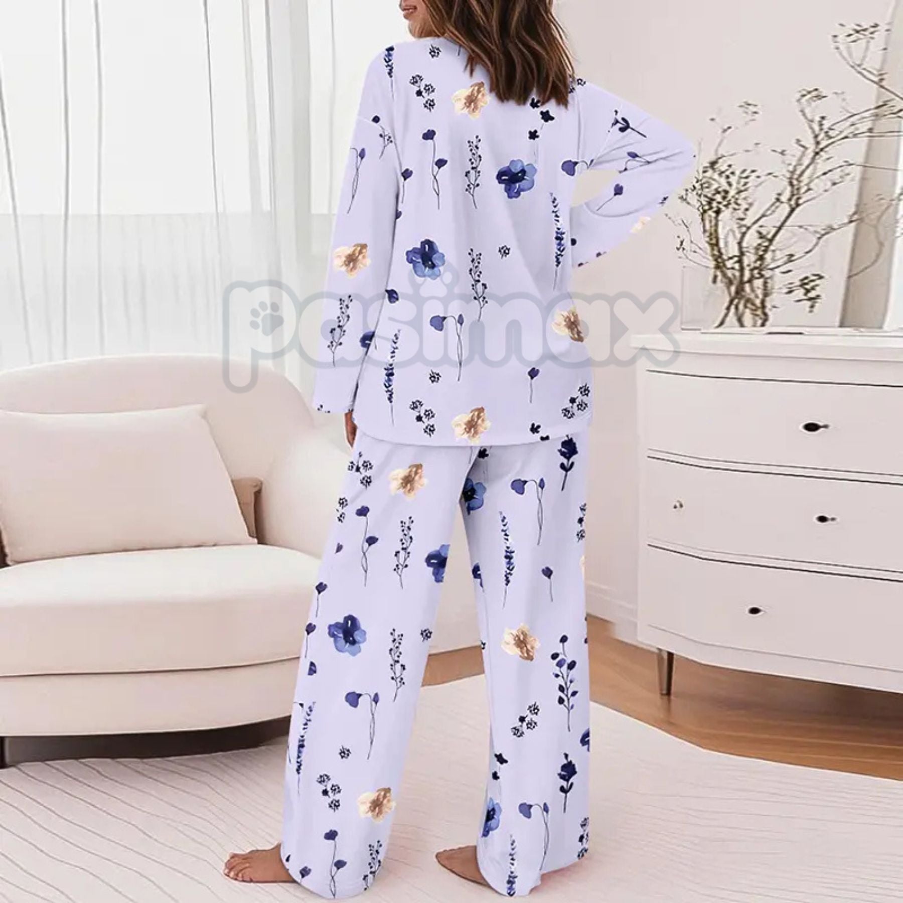 ChicMe Women's Floral Print Lounge Set - Long Sleeve Top & Casual Pants with Pockets, Comfortable Home Wear