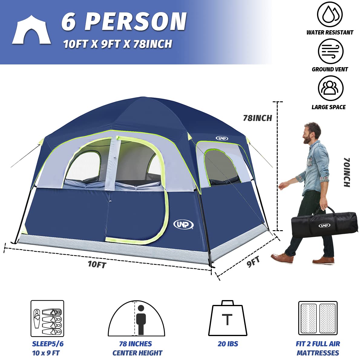 UNP Tents 6 Person Waterproof Windproof Easy Setup,Double Layer Family Camping Tent with 1 Mesh Door & 5 Large Mesh Windows -10'X9'X78in(H)