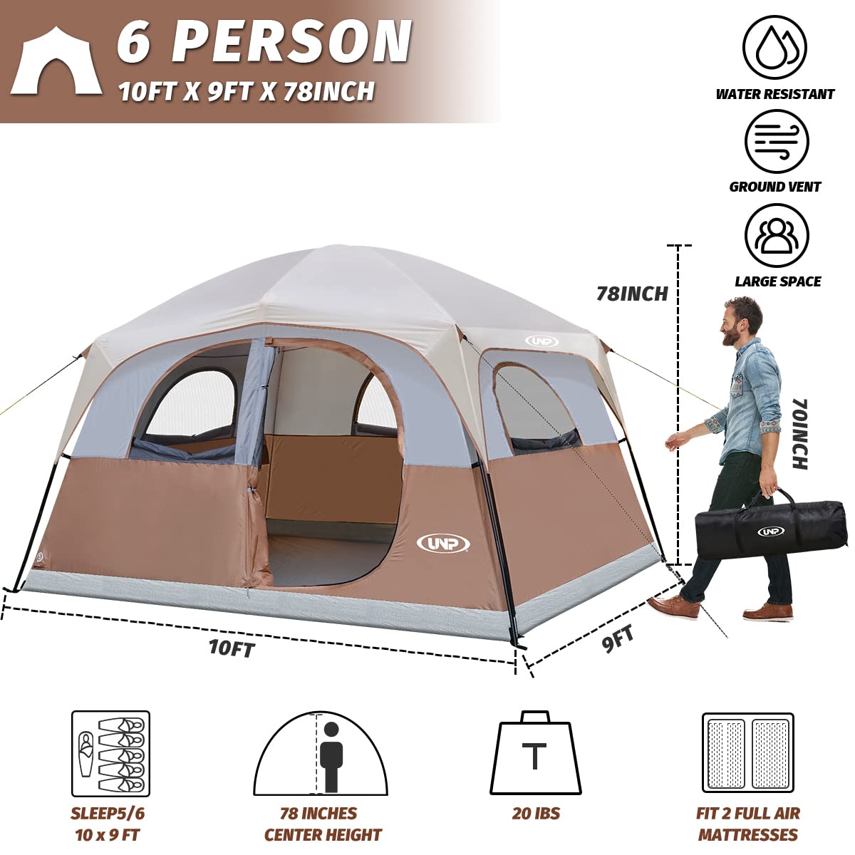 UNP Tents 6 Person Waterproof Windproof Easy Setup,Double Layer Family Camping Tent with 1 Mesh Door & 5 Large Mesh Windows -10'X9'X78in(H)