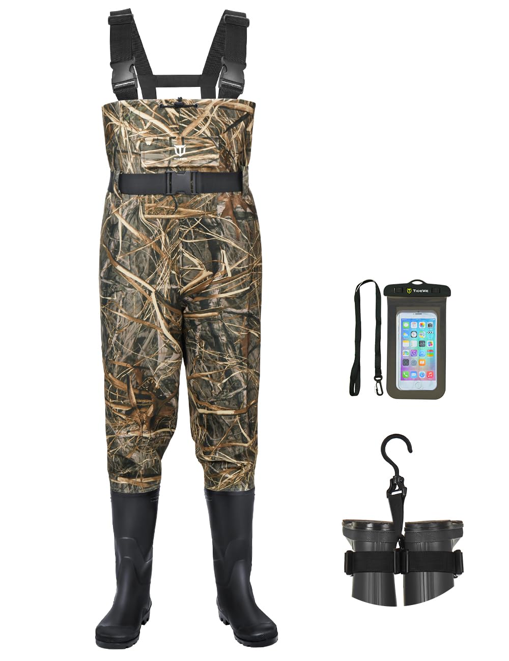 TIDEWE Bootfoot Chest Wader, 2-Ply Nylon/PVC Waterproof Fishing Hunting Waders with Boot Hanger for Men Women Green Brown