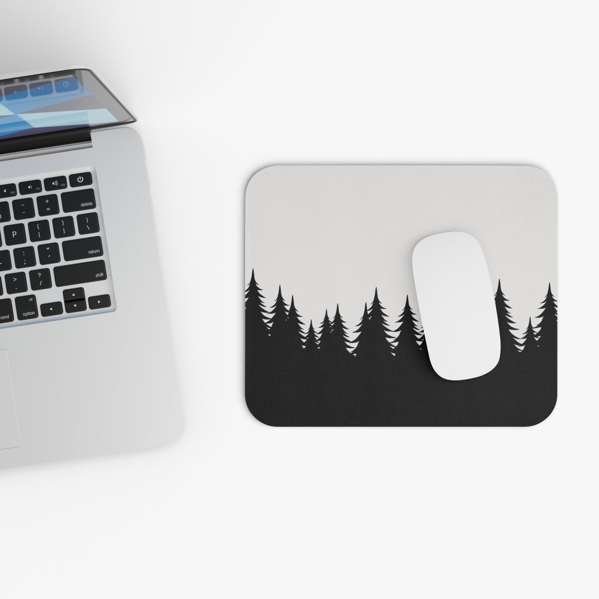 Forest Silhouette Mouse Pad — Minimal Black Pine Trees Desk Mat