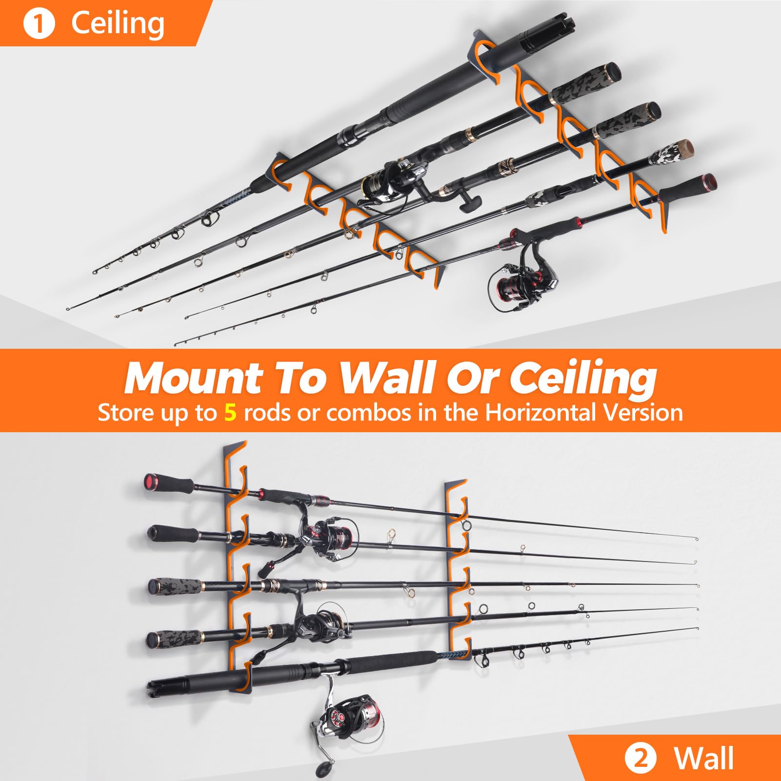 PLUSINNO H5 Horizontal Fishing Rod/Pole Holders for Garage, Wall or Ceiling Mounted Fishing Rod Rack, Aviation Aluminum Fishing Holder Holds up to 5/10/20 Rod or Combos Fishing Gear and Gifts for Men