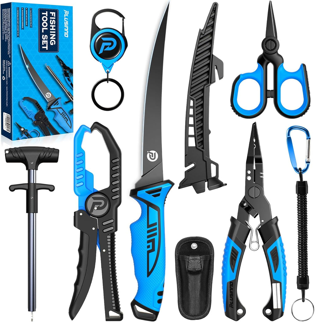 PLUSINNO Fishing Gear, Fishing Tools, 7PCS Fishing Accessories, Corrosion Resistant Fishing Pliers Kit, Fishing Knife, Floating Fish Lip Gripper Fishing Gifts for Men, Gifts for Fishermen