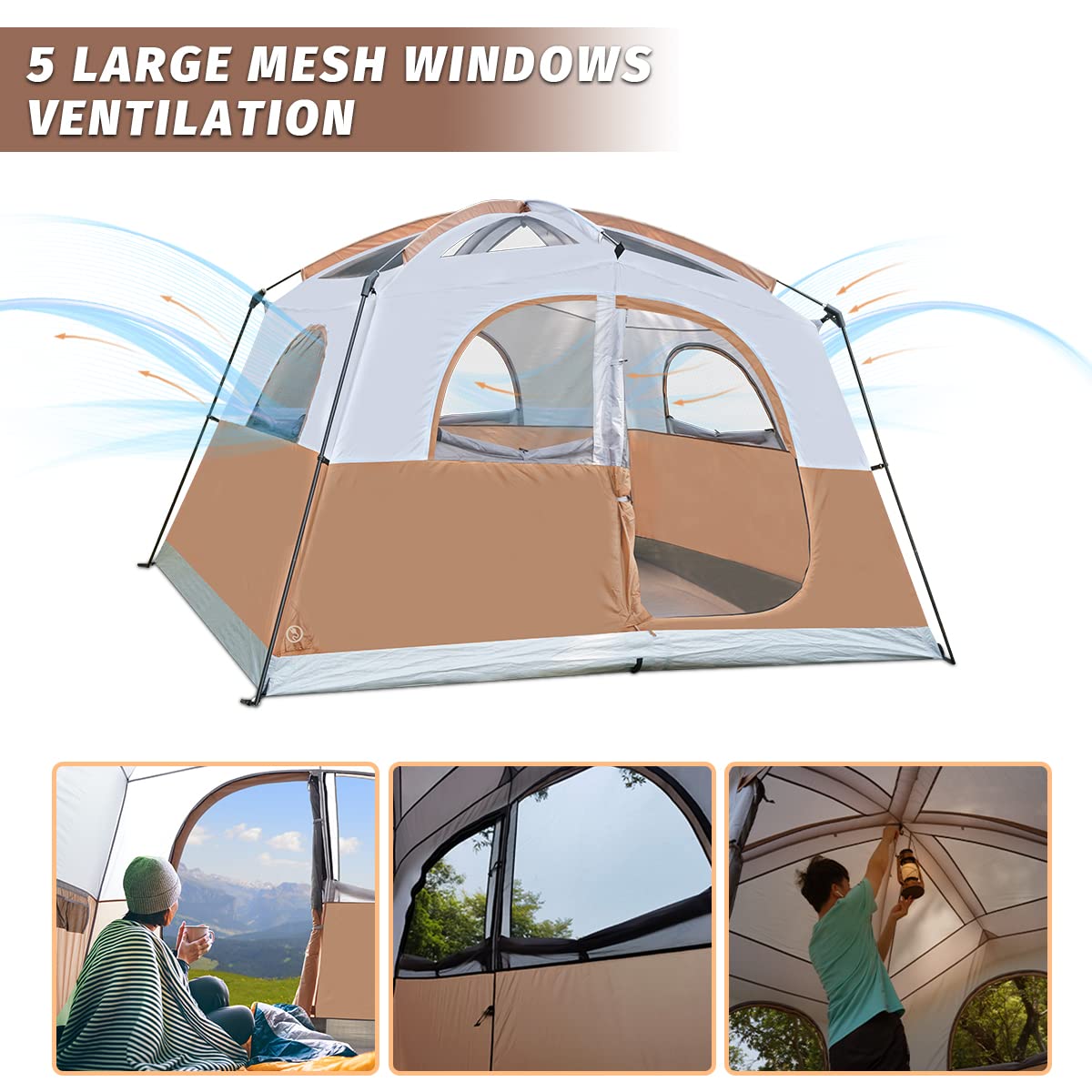 UNP Tents 6 Person Waterproof Windproof Easy Setup,Double Layer Family Camping Tent with 1 Mesh Door & 5 Large Mesh Windows -10'X9'X78in(H)