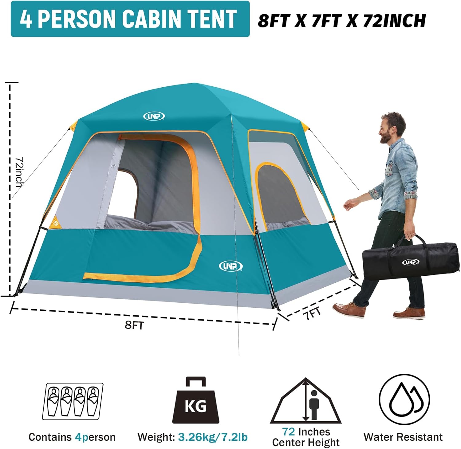 UNP 4-Person Cabin Tent and Dome Tent Portable Cabin Tent, Camping Tent 4-Person Easy Set Up, Waterproof with Top Rainfly for Outdoor Camping/Hiking