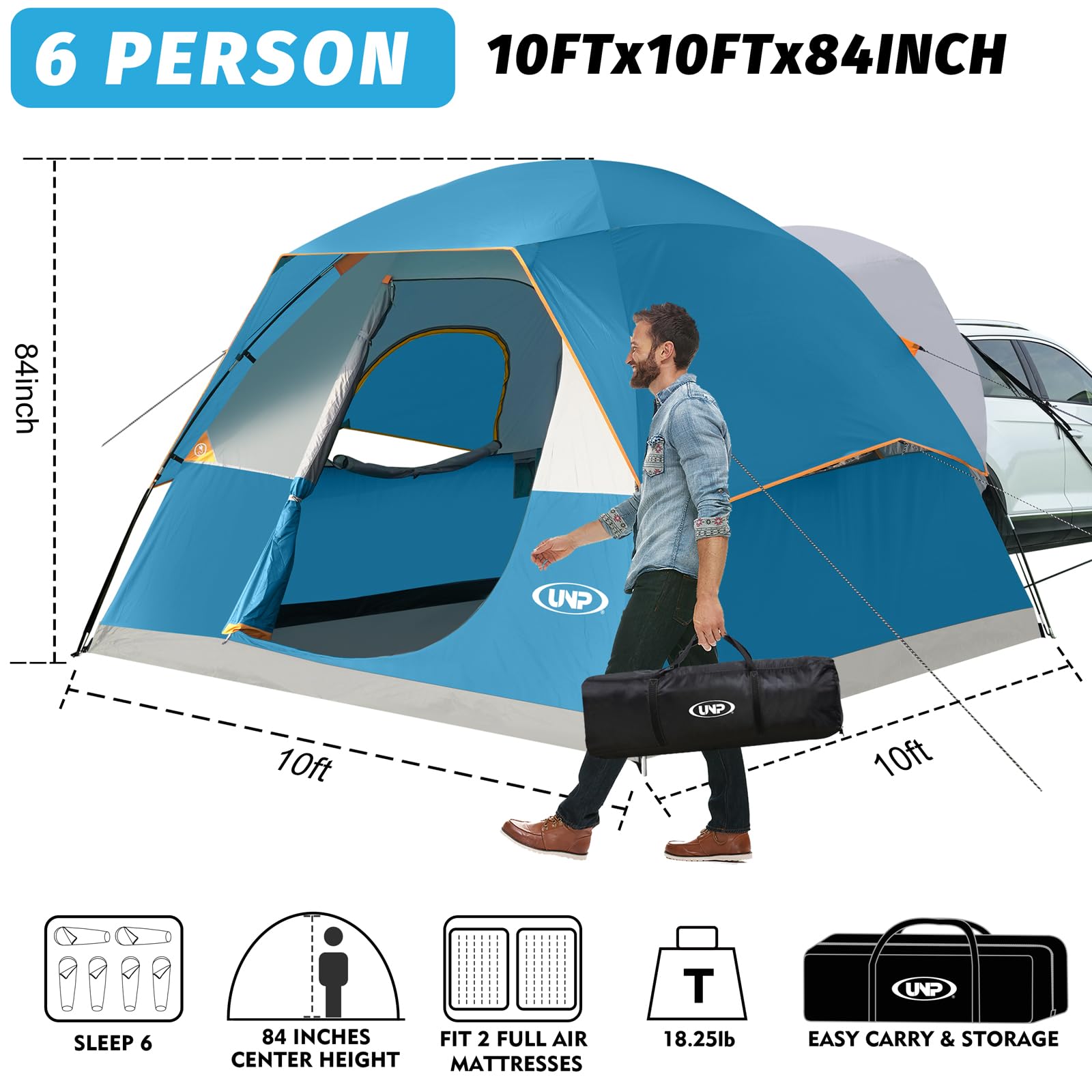 UNP SUV Dome Tent for Camping, Outdoor 6 Person Car Camping Tent, Easy Set Up SUV Tailgate Tent with Rainfly 10' x 10' Vehicle Camping Tent | for Camping, Outdoor, Car Camping Tent, Easy Set Up, SUV Tailgate Tent, with Rainfly