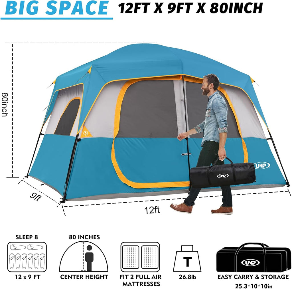 UNP Portable Cabin Tent for 4 Person and 8 Person Camping Tent Easy Set Up, Waterproof with Top Rainfly for Outdoor Camping/Hiking