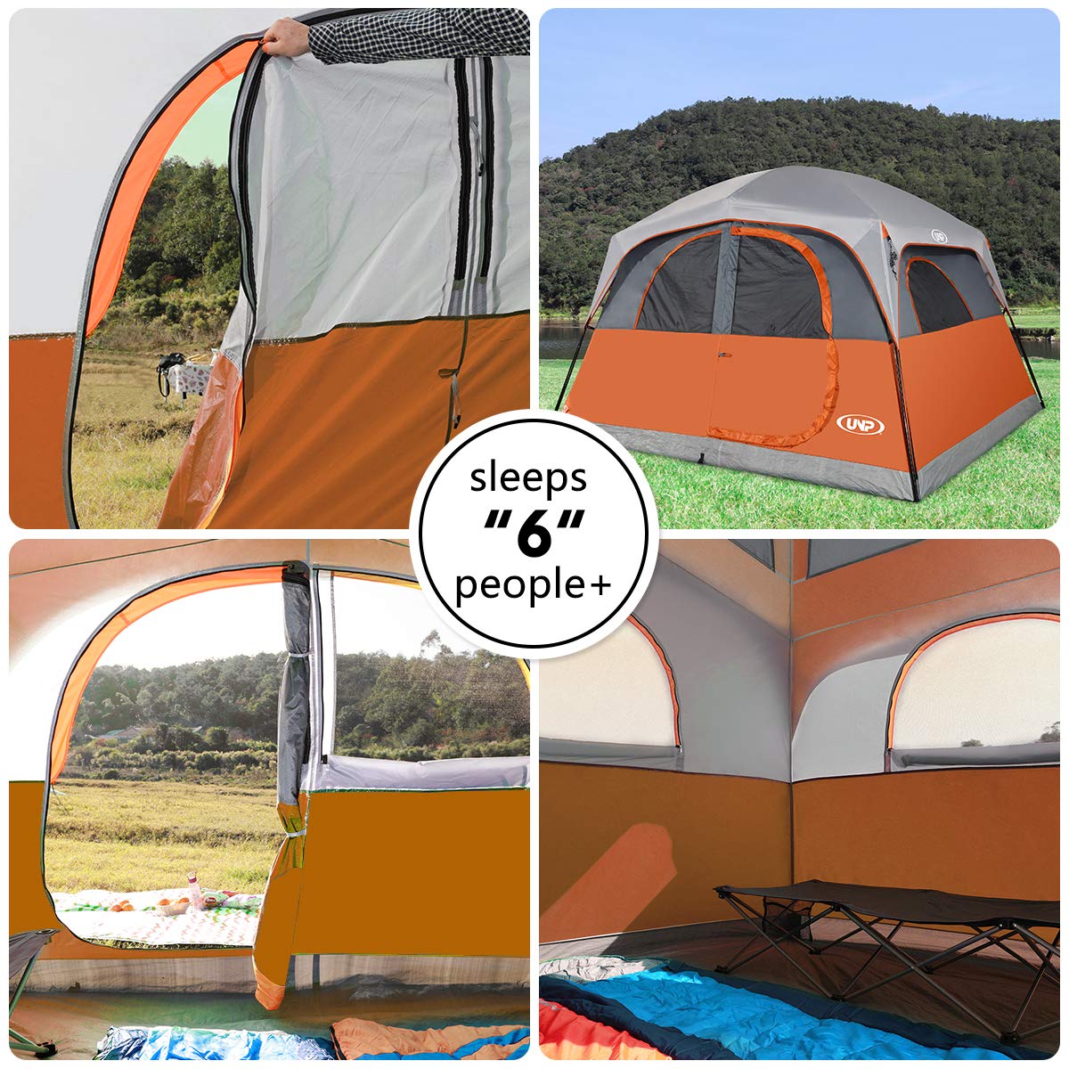 UNP Tents 6 Person Waterproof Windproof Easy Setup,Double Layer Family Camping Tent with 1 Mesh Door & 5 Large Mesh Windows -10'X9'X78in(H)