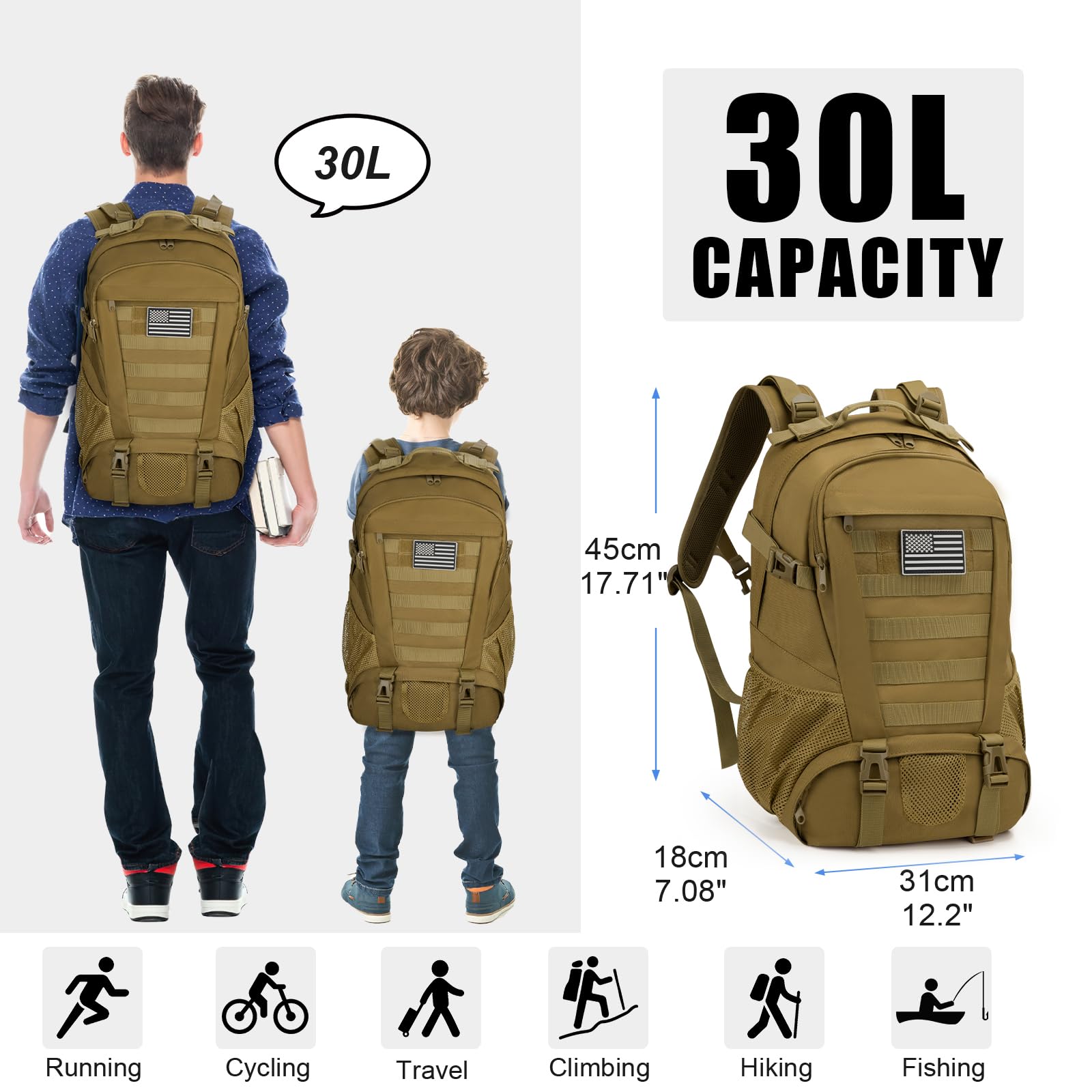Jueachy Tactical Backpack for Men Hiking Day Pack Molle Military Rucksack Waterproof 30L EDC Bag with USA Flag Patch