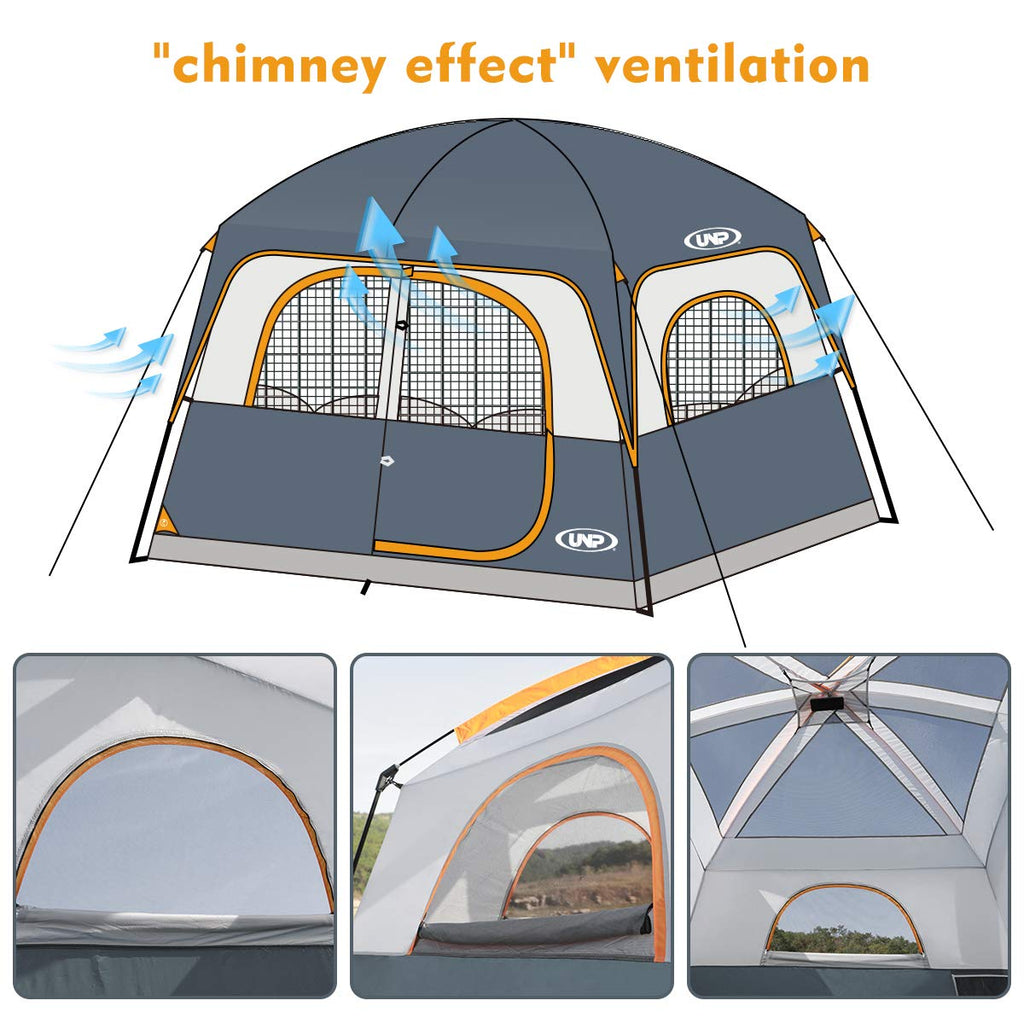 UNP Tents 6 Person Waterproof Windproof Easy Setup,Double Layer Family Camping Tent with 1 Mesh Door & 5 Large Mesh Windows -10'X9'X78in(H)