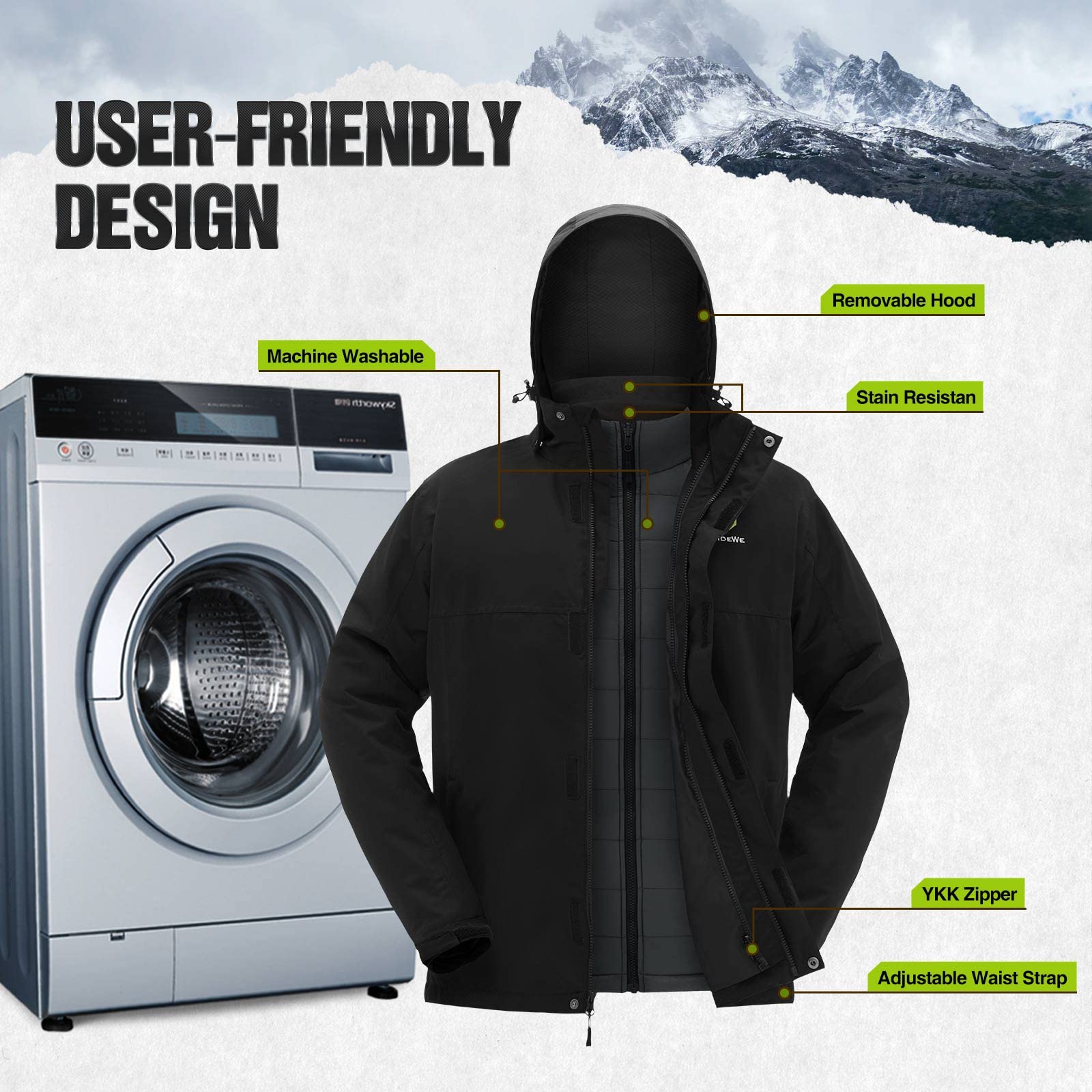 TIDEWE Men’s Heated Jacket 3-in-1 with Hood and Battery Pack, Heated Coat for Hunting, Skiing