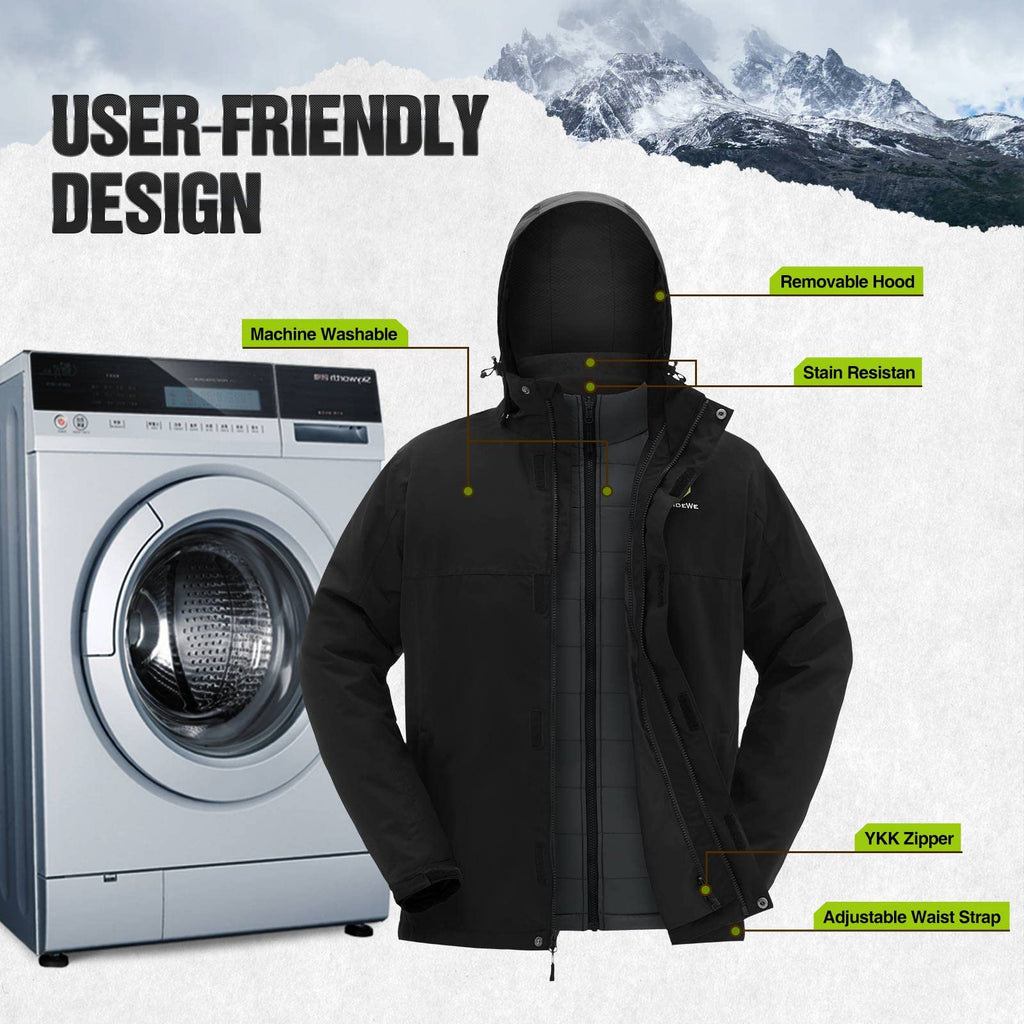 TIDEWE Men’s Heated Jacket 3-in-1 with Hood and Battery Pack, Heated Coat for Hunting, Skiing