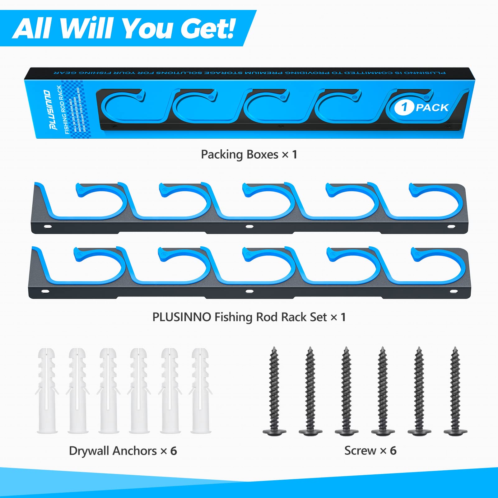 PLUSINNO H5 Horizontal Fishing Rod/Pole Holders for Garage, Wall or Ceiling Mounted Fishing Rod Rack, Aviation Aluminum Fishing Holder Holds up to 5/10/20 Rod or Combos Fishing Gear and Gifts for Men