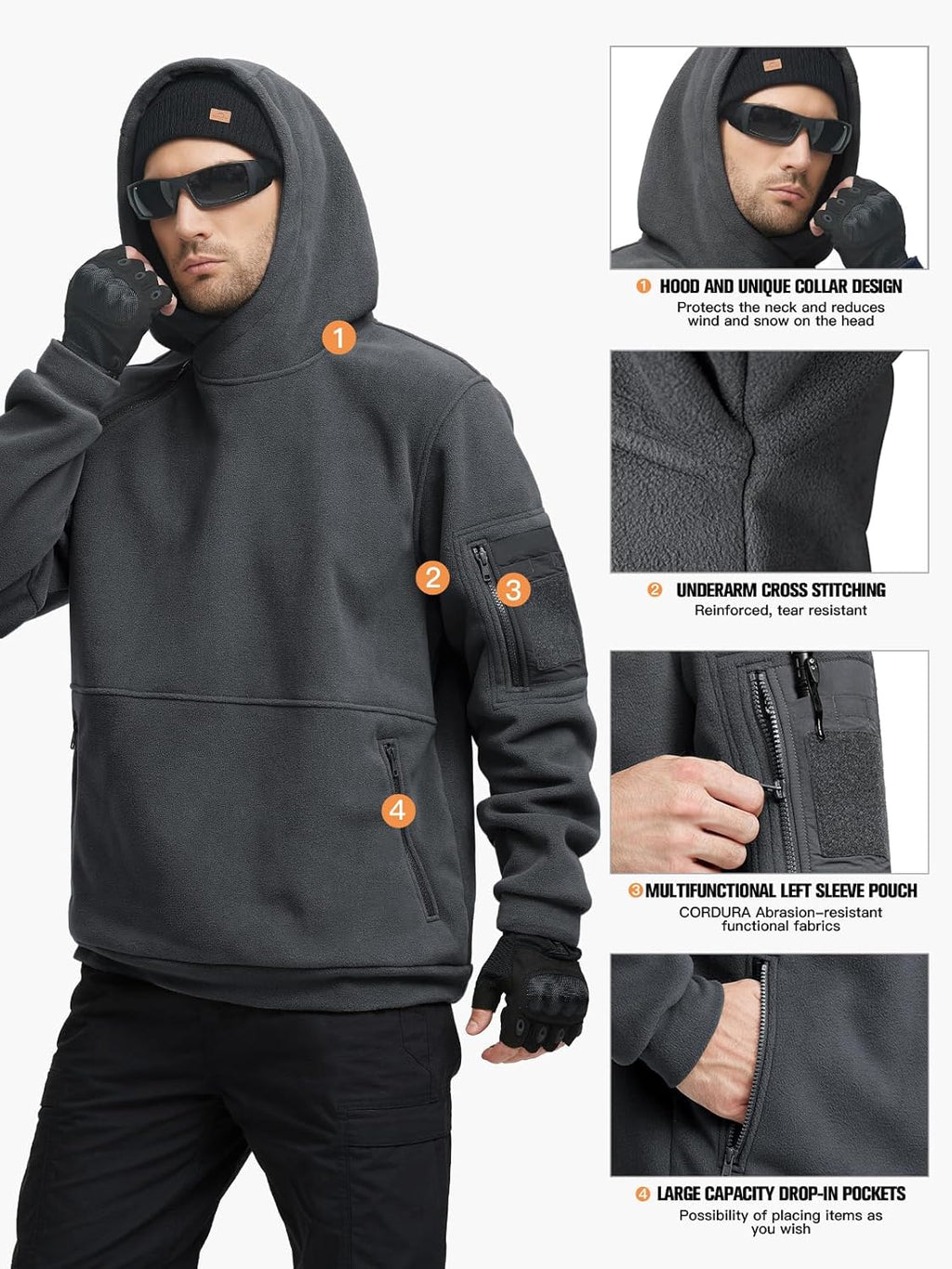 FREE SOLDIER Men's Tactical Winter Fleece Pullover Hoodie Warm Long Fleece lined Hooded Sweatshirt
