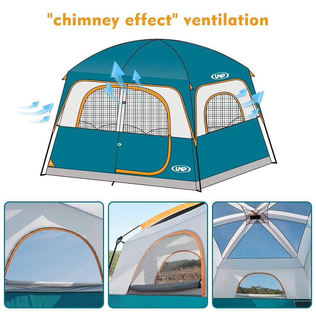 UNP Tents 6 Person Waterproof Windproof Easy Setup,Double Layer Family Camping Tent with 1 Mesh Door & 5 Large Mesh Windows -10'X9'X78in(H)