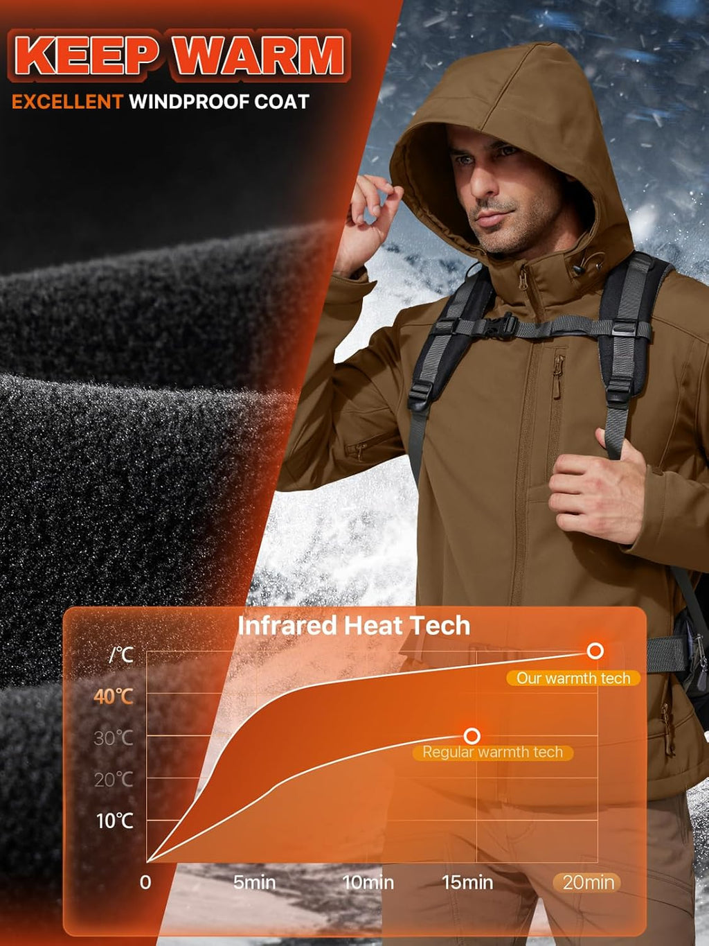 FREE SOLDIER Men's Lightweight Softshell Jacket Winter Fleece Lined Hooded Rain Waterproof Hiking Outdoor Jackets (Brown,L)