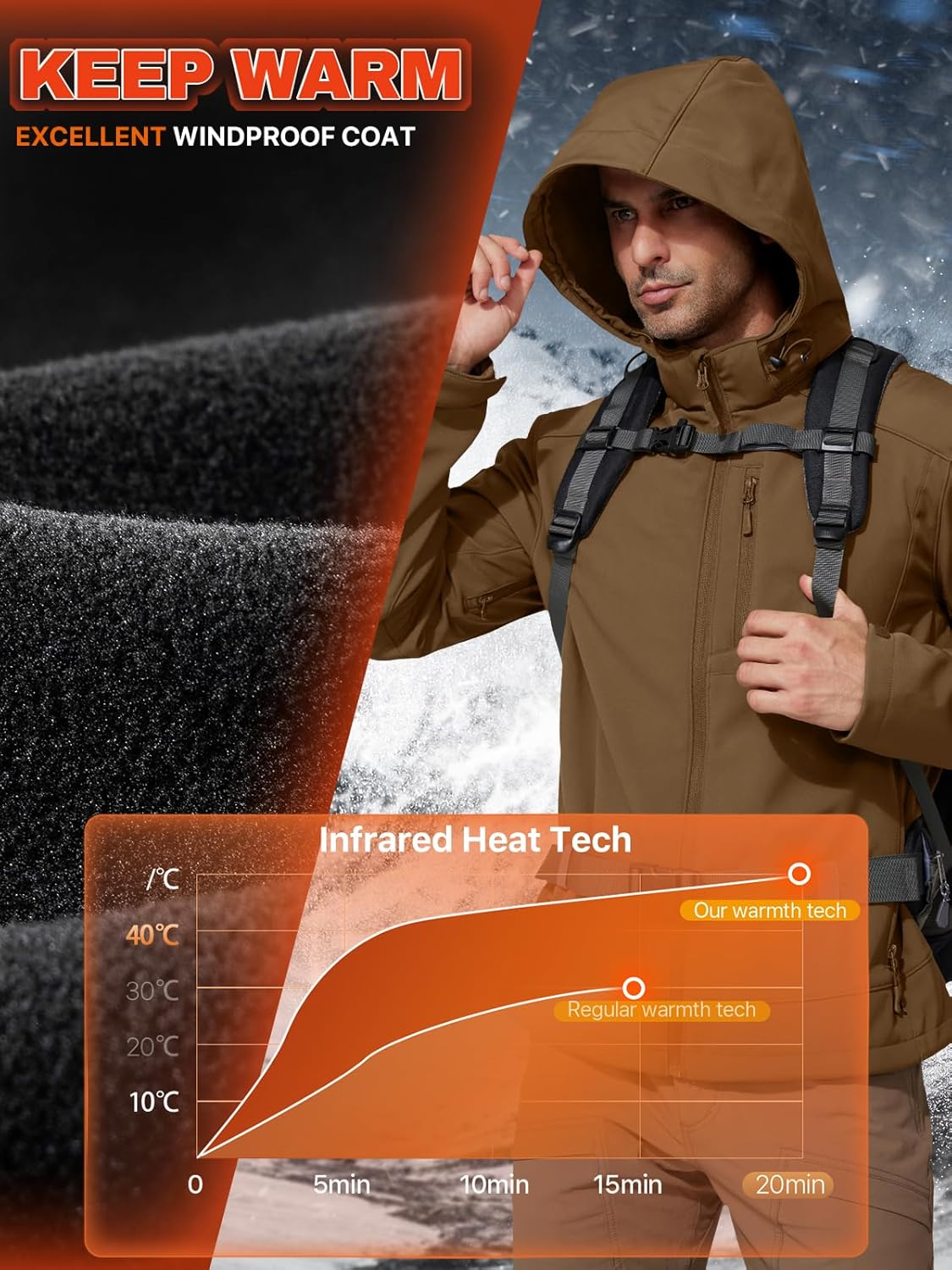 FREE SOLDIER Men's Lightweight Softshell Jacket Winter Fleece Lined Hooded Rain Waterproof Hiking Outdoor Jackets (Brown,L)