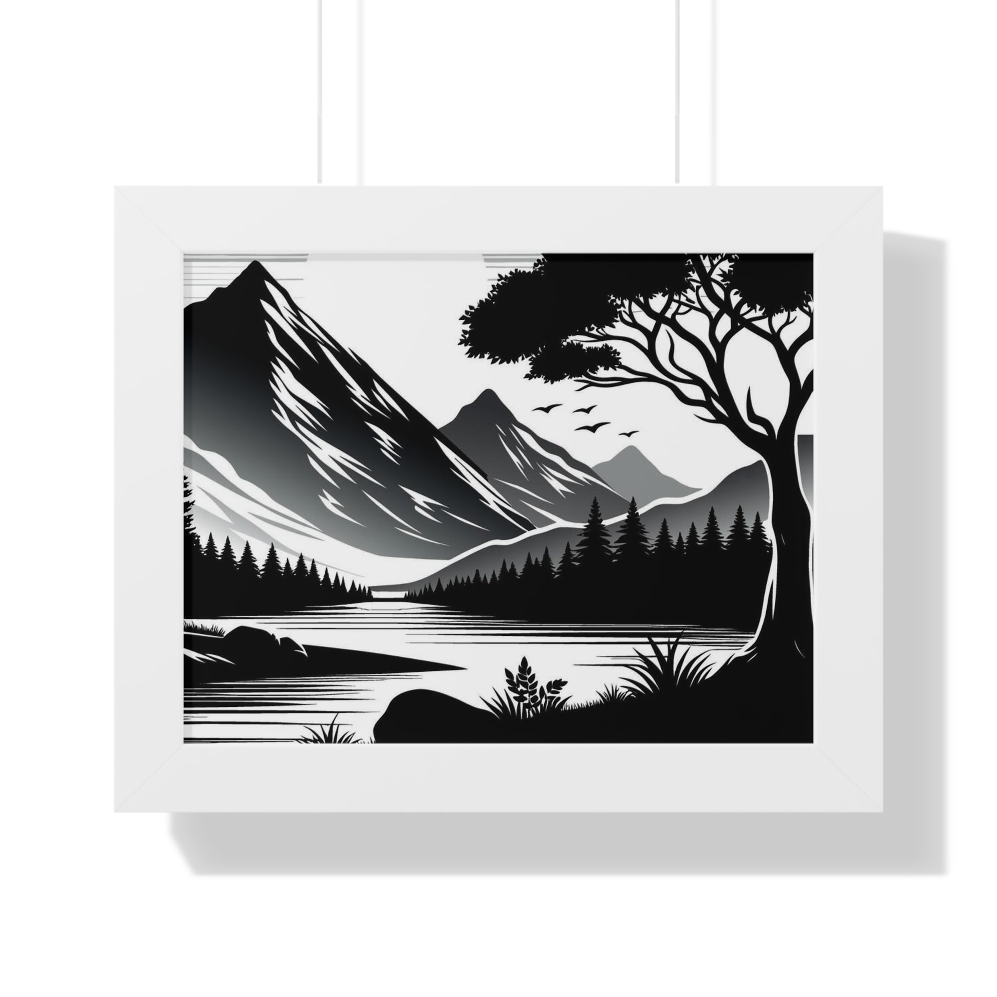 Framed Mountain Landscape Poster – Black & White Lake Wall Art