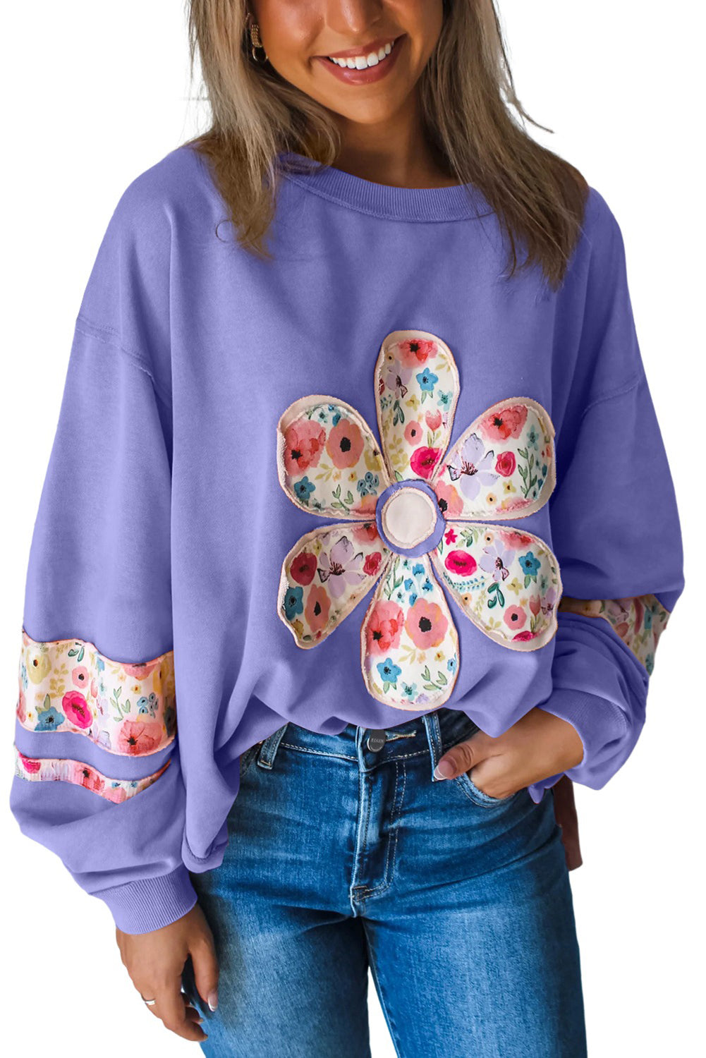 Flower Applique Patchwork Drop Sleeve Pullover Sweatshirt