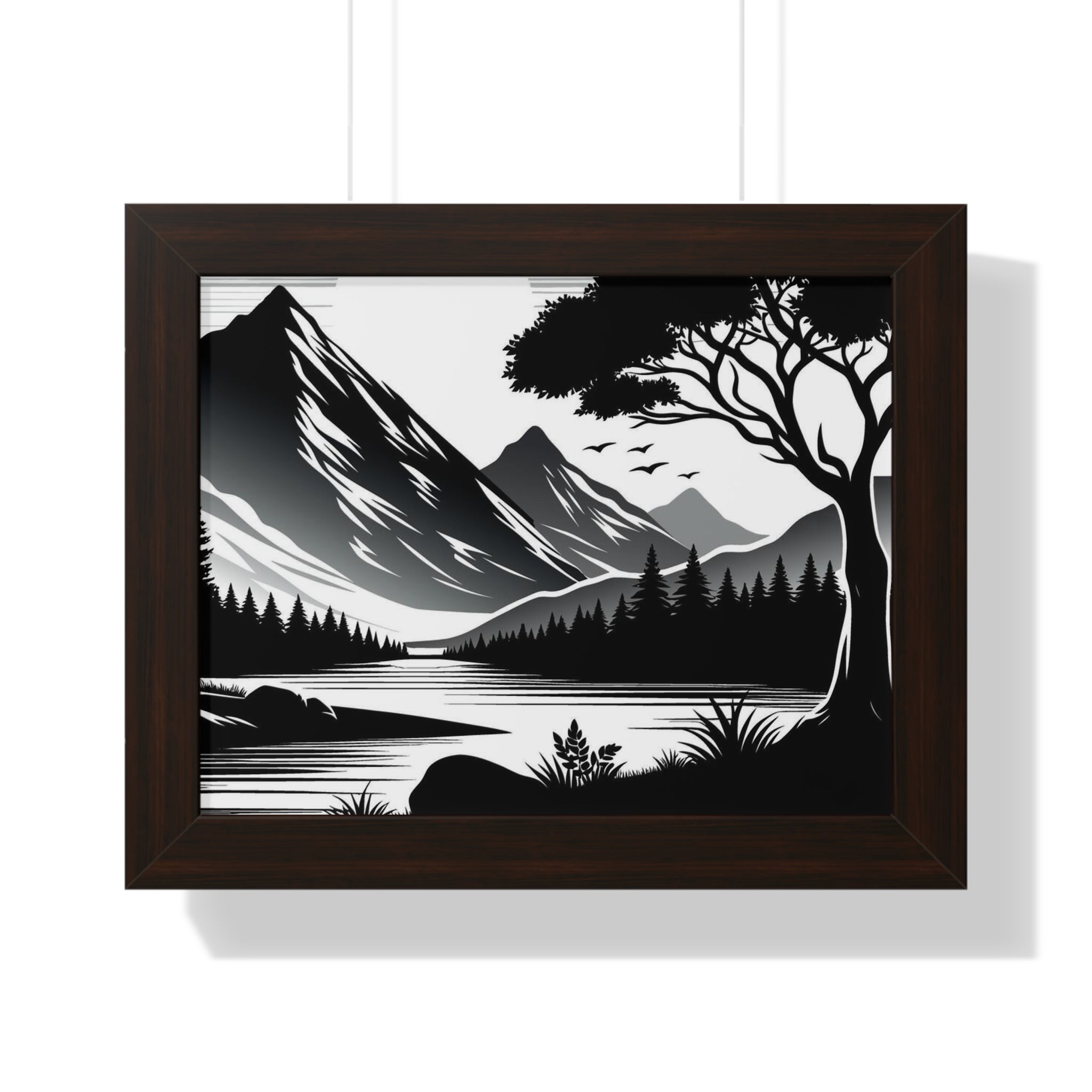 Framed Mountain Landscape Poster – Black & White Lake Wall Art