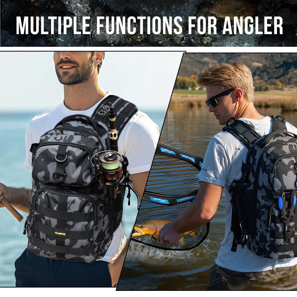 PLUSINNO Fishing Backpack with Tackle Boxes, Waterproof Fishing Sling Tackle Bag For Fishing Gear With Rod Holder, Fishing Gifts for Men With Fishing lures, Fishing pliers, Fish Lip Gripper.