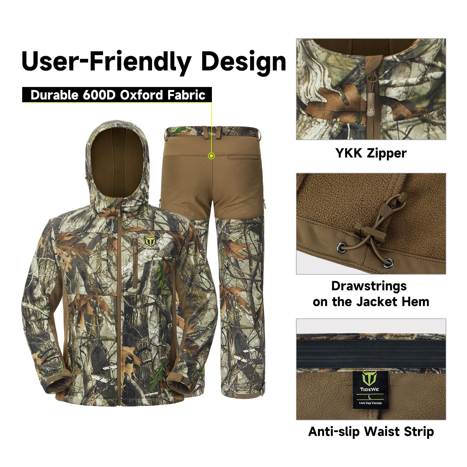 TIDEWE Hunting Clothes for Men with Fleece Lining, Safety Strap Compatible Water Resistant Silent Hunting Jacket and Pants