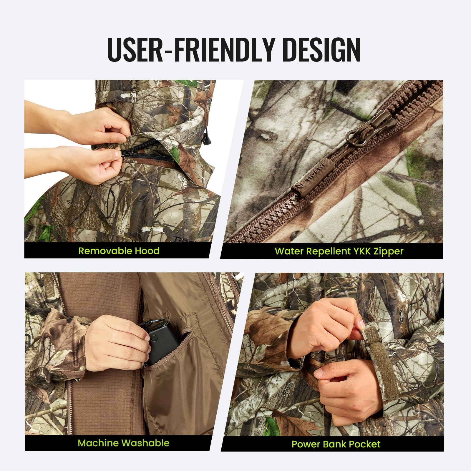 TIDEWE Men’s Heated Jacket 3-in-1 with Hood and Battery Pack, Heated Coat for Hunting, Skiing