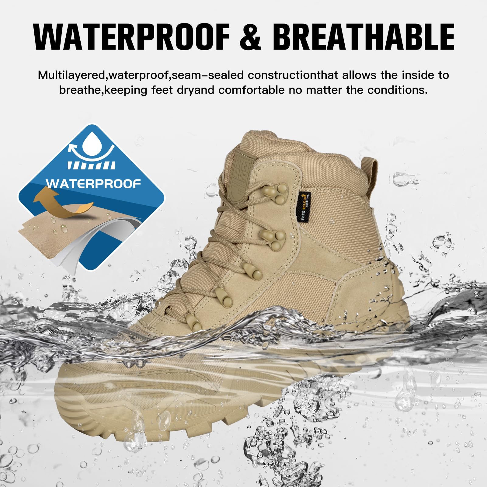 FREE SOLDIER Men's Waterproof Hiking Boots Tactical Work Boots Outdoor Lightweight Military Boots