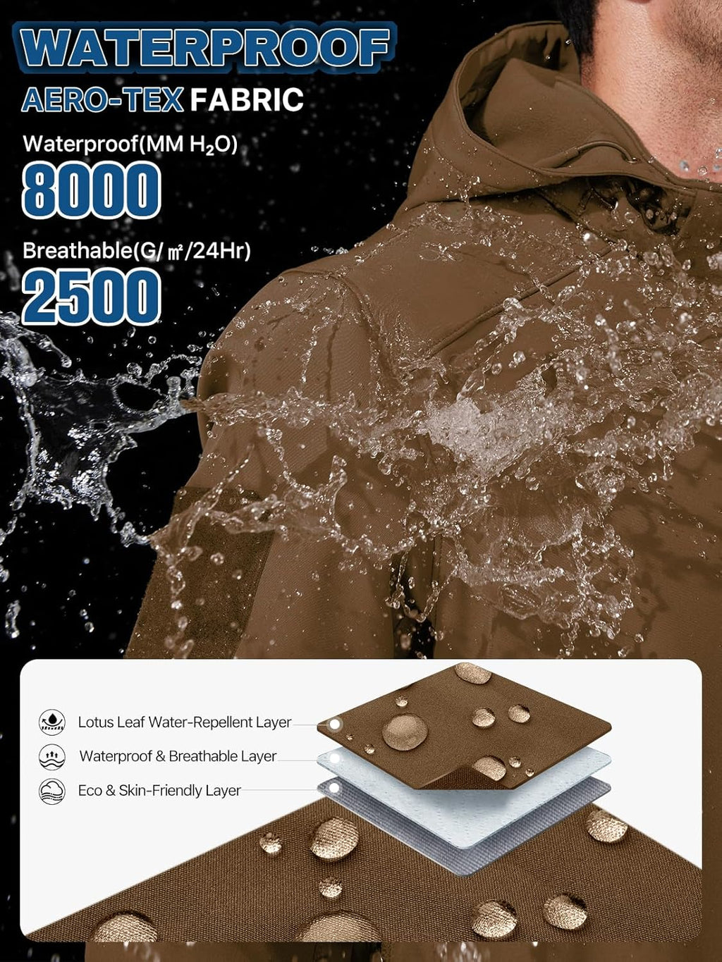 FREE SOLDIER Men's Lightweight Softshell Jacket Winter Fleece Lined Hooded Rain Waterproof Hiking Outdoor Jackets (Brown,L)