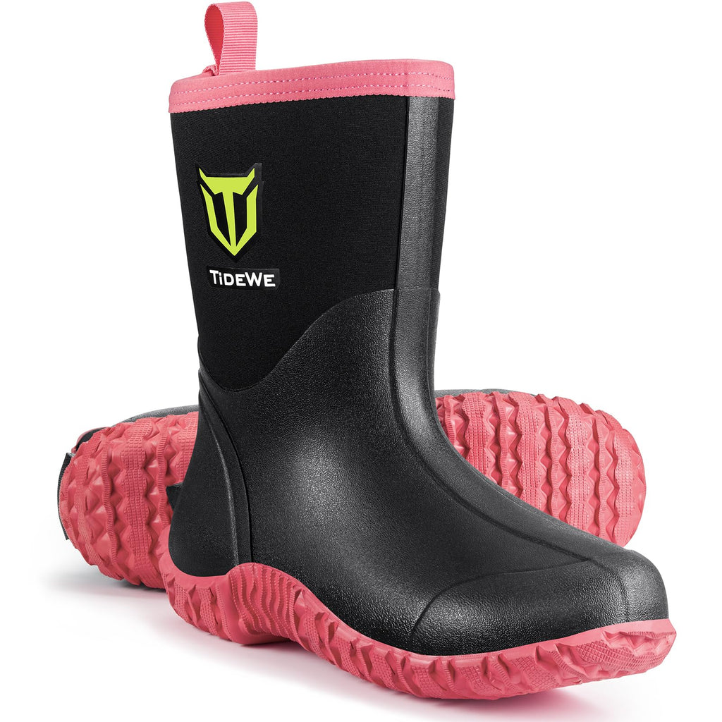 TIDEWE Rubber Boots for Women with Steel Shank, 6mm Neoprene Waterproof Insulated Mid Calf Rain Boots, Sturdy Hunting Work Boots for Farming Gardening Fishing