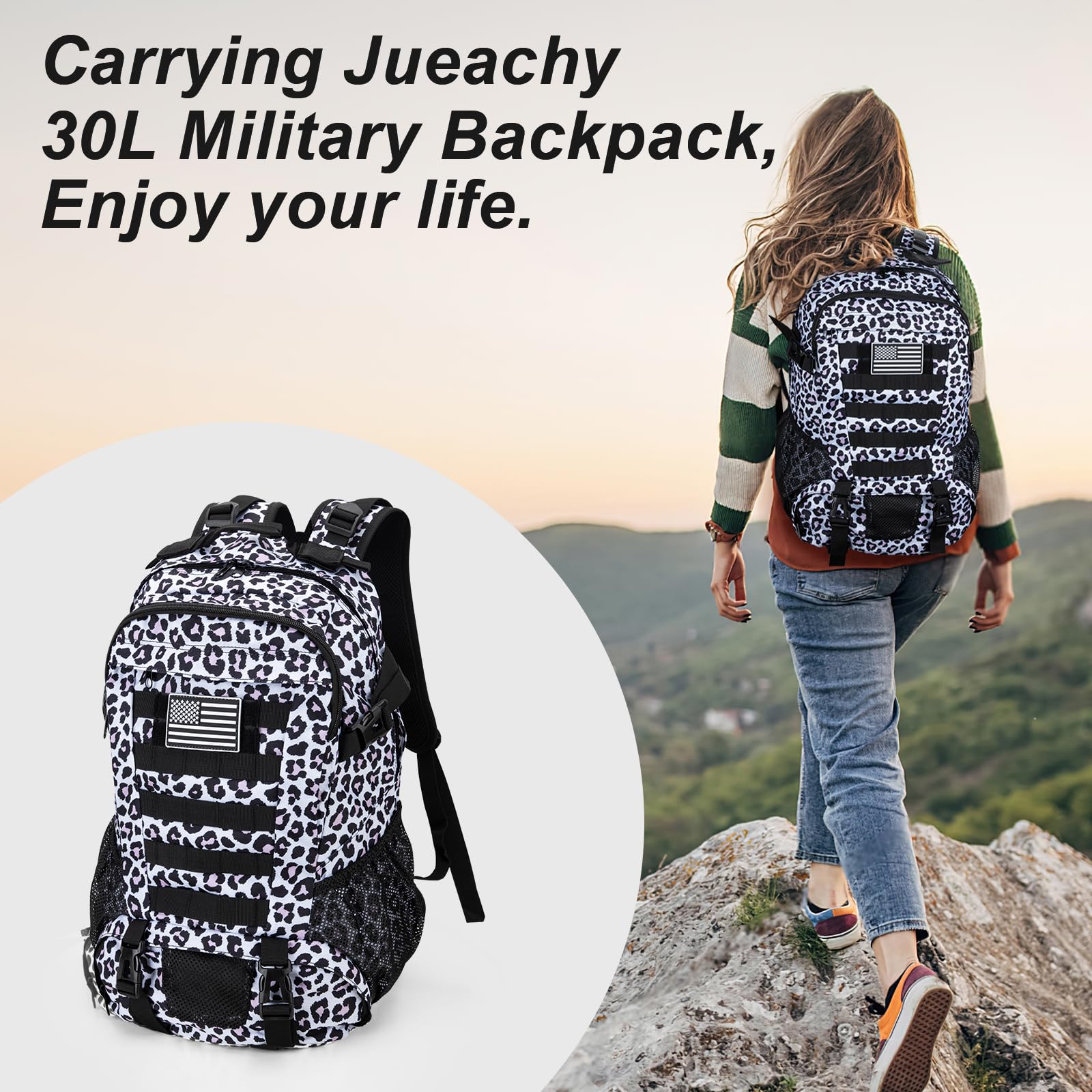 Jueachy Tactical Backpack for Men Hiking Day Pack Molle Military Rucksack Waterproof 30L EDC Bag with USA Flag Patch