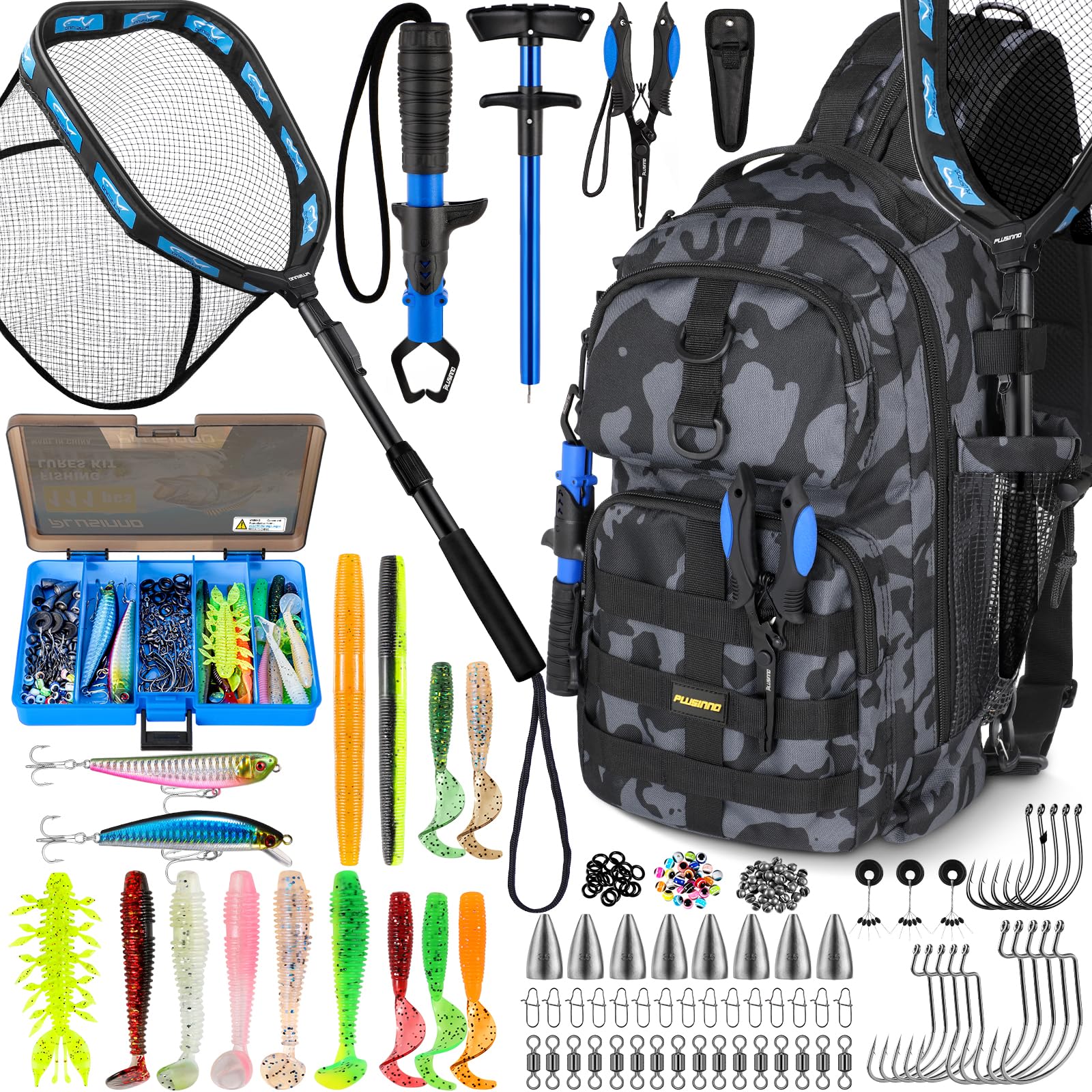 PLUSINNO Fishing Backpack with Tackle Boxes, Waterproof Fishing Sling Tackle Bag For Fishing Gear With Rod Holder, Fishing Gifts for Men With Fishing lures, Fishing pliers, Fish Lip Gripper.