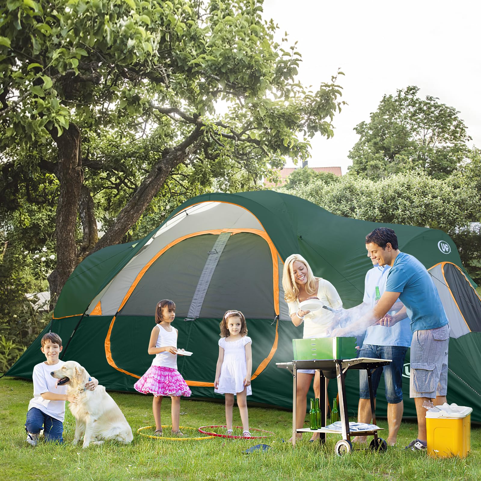 UNP Camping Tent 10-Person-Family Tents, Parties, Music Festival Tent, Big, Easy Up, 5 Large Mesh Windows, Double Layer, 2 Room, Waterproof, Weather Resistant, 18ft x 9ft x78in