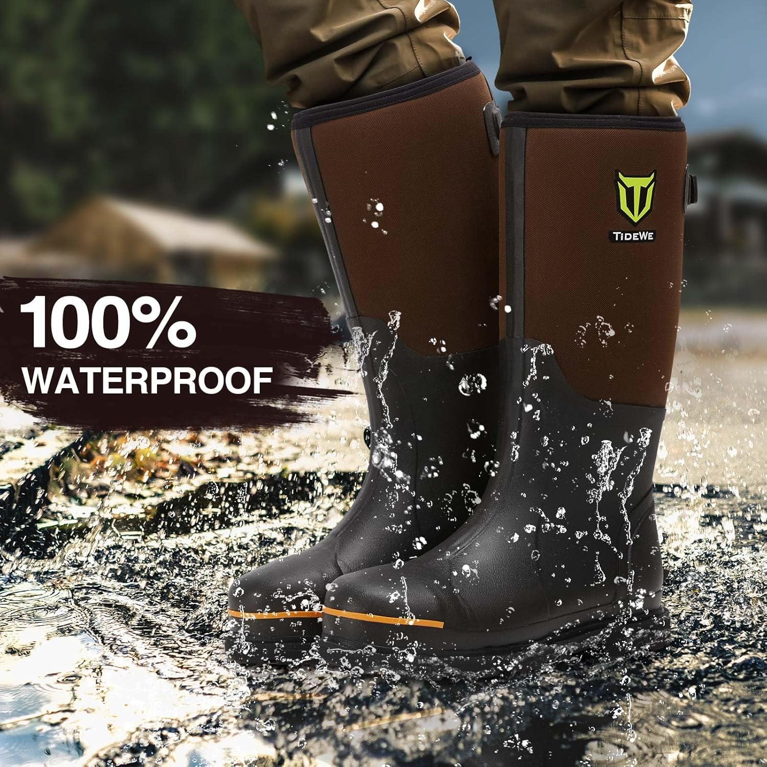 TIDEWE Rubber Work Boot for Men with Steel Toe & Shank, Waterproof Anti Slip Hunting Boot, 6mm Neoprene Hunting Boot for Manufacturing, Construction, Farming, Black,Brown, Size 7-13