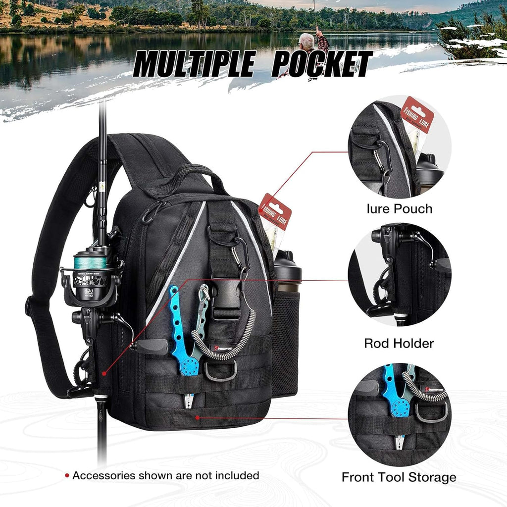 Piscifun Fishing Backpack with Rod Holder, Lightweight Sling Bag Storge Gear and Equipment