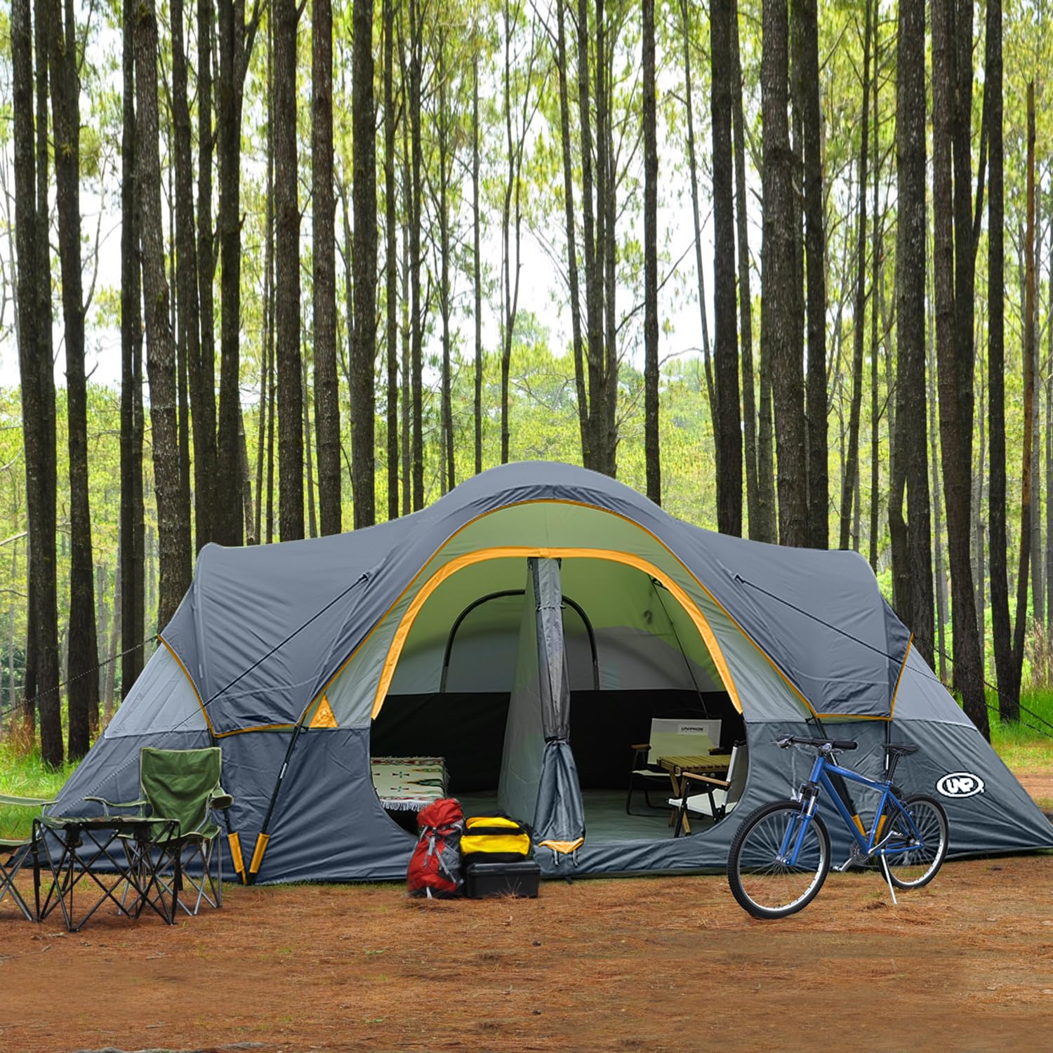UNP Camping Tent 10-Person-Family Tents, Parties, Music Festival Tent, Big, Easy Up, 5 Large Mesh Windows, Double Layer, 2 Room, Waterproof, Weather Resistant, 18ft x 9ft x78in