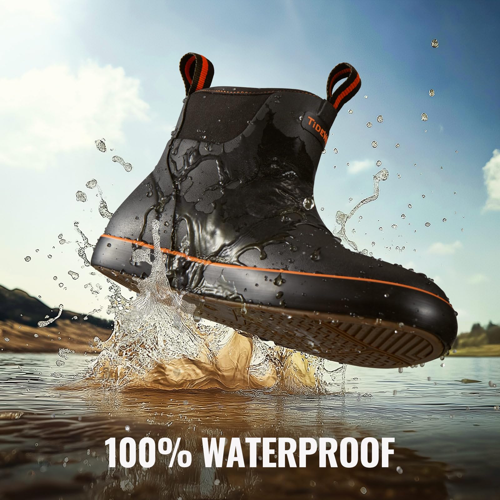 TIDEWE Deck Boots for Men, Waterproof Fishing Boots, Slip On Neoprene Rubber Ankle Rain Boots for Boating (Black Orange, Light Grey & Grey Brown, Size 7-14)