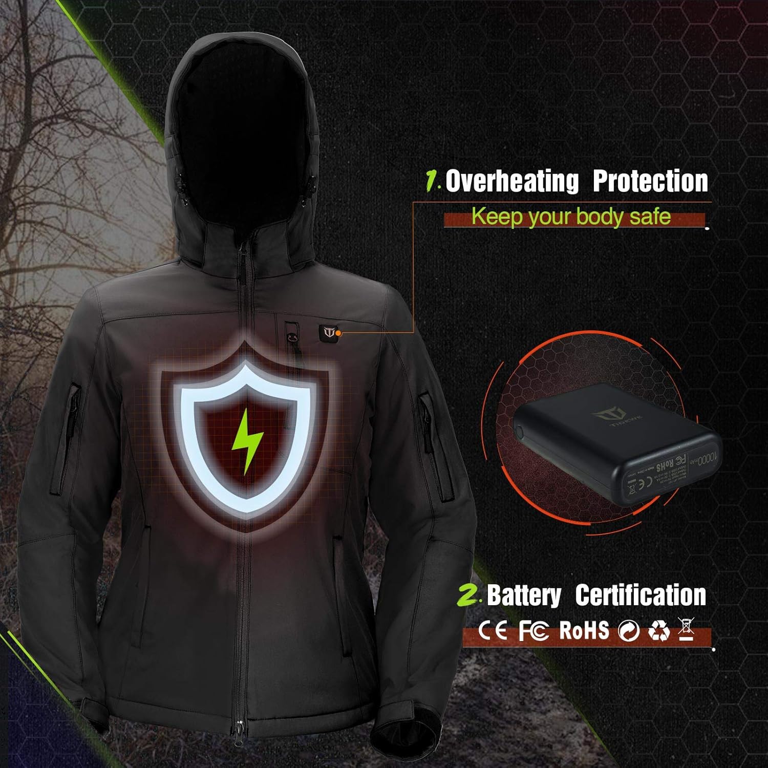 TIDEWE Heated Jacket for Men with Battery Pack (Black, Camo, Size S-XXXL)
