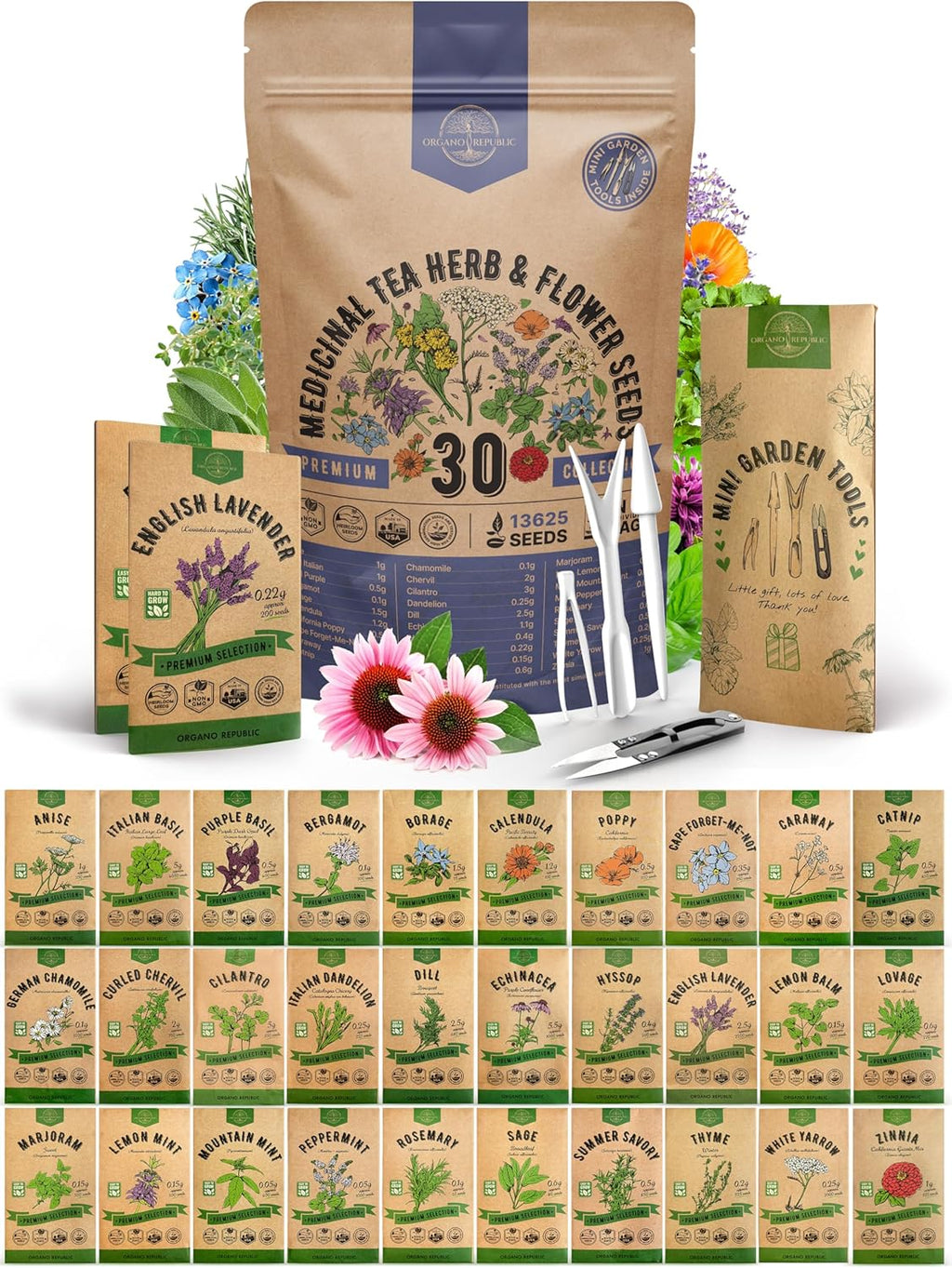 Organo Republic 25 Edible Flower Seeds Variety Pack for Indoor Outdoor Gardening - 8,000+ Non-GMO Heirloom Flower Seeds: Anise, Hyssop, Nasturtium, Pansy, Echinacea, Lavender, Chives & More